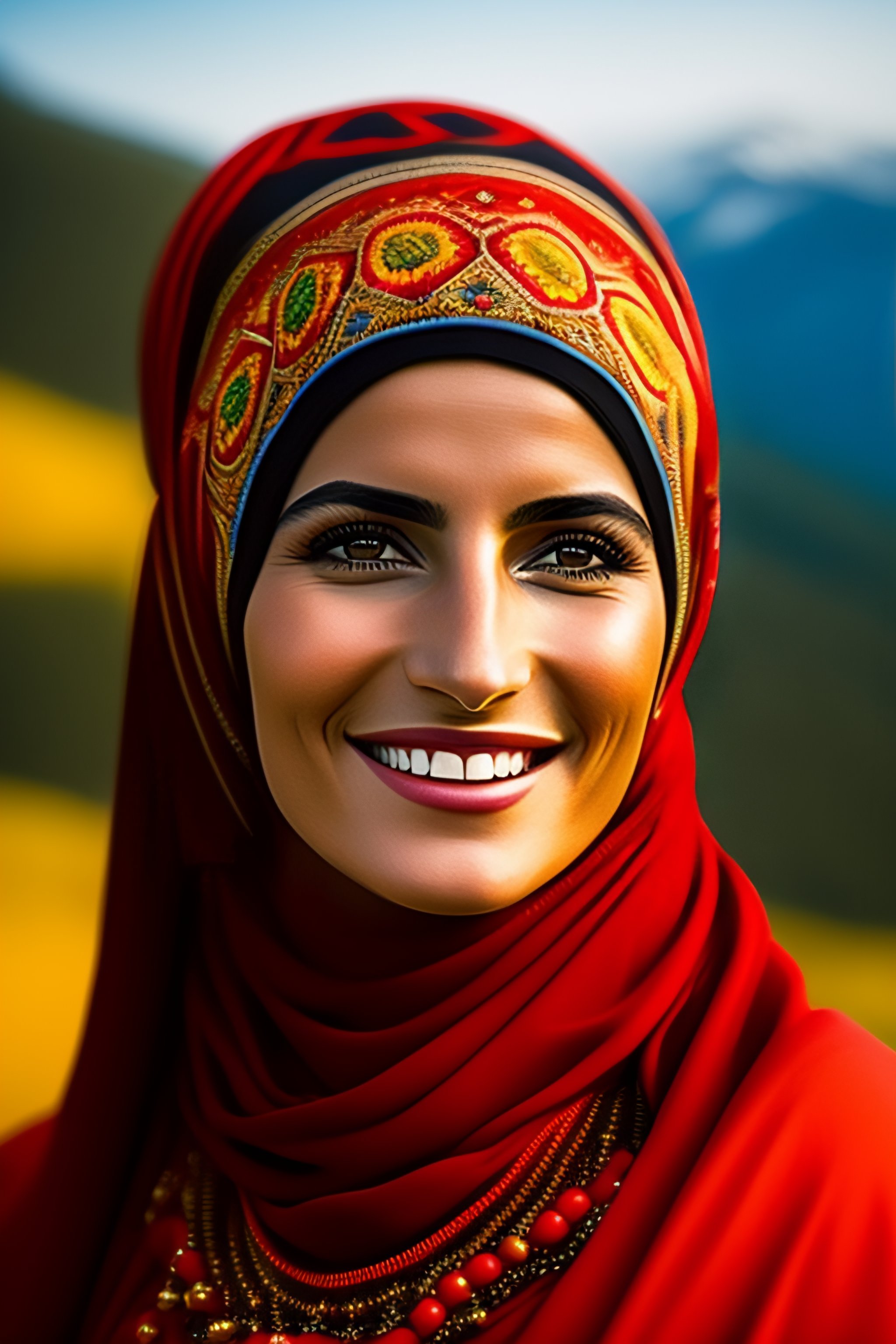Lexica - A turkish yound smiling lady dressed in red shirt, black ...