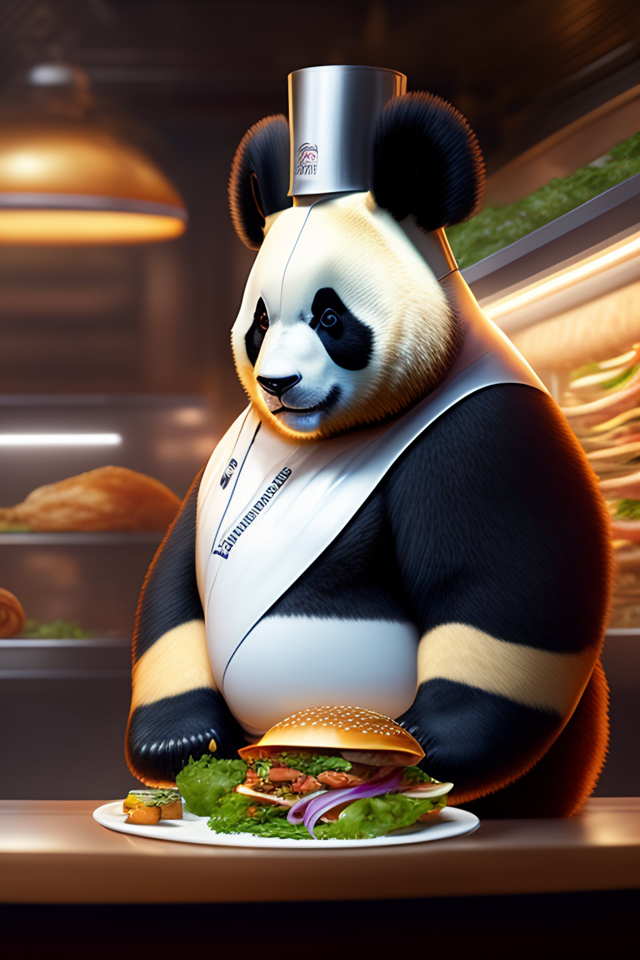 Lexica - A panda bear wearing a chef hat and serving a kebab in a ...