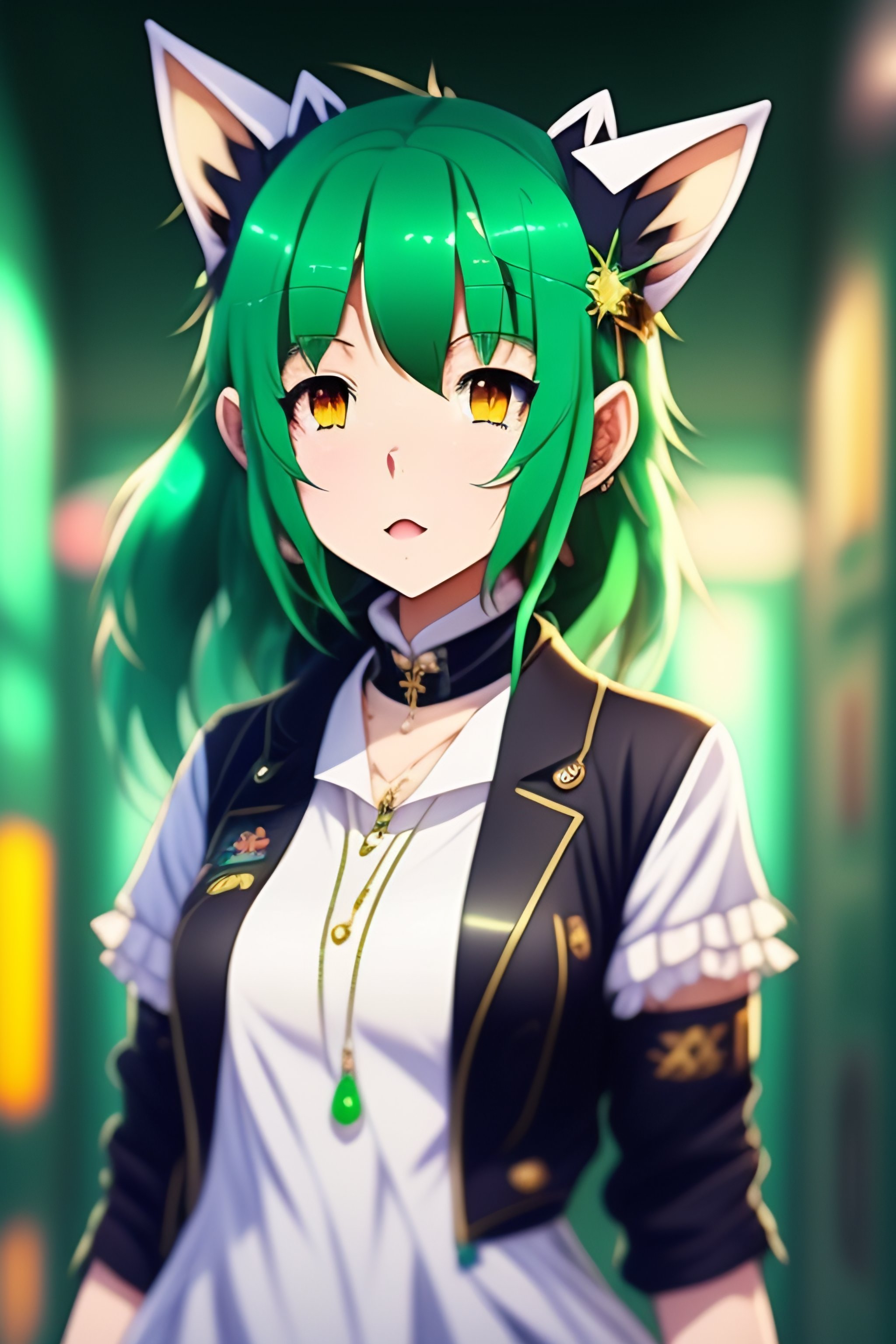 Lexica - Cute anime girl, green hair, small cat ears, pale skin, short ...