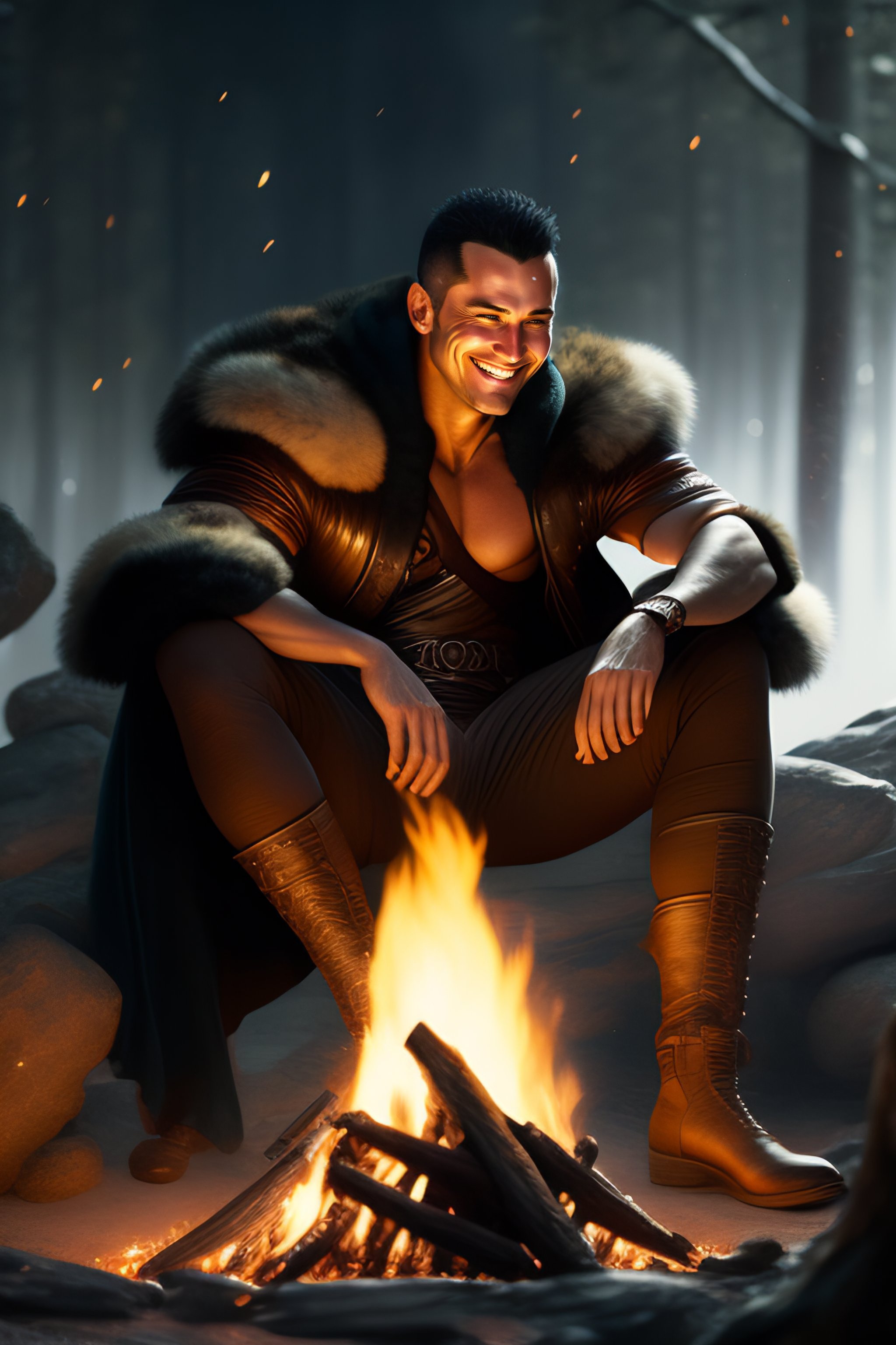 Lexica - Bald clean-shaven beowulf sitting by a campfire and laughing ...