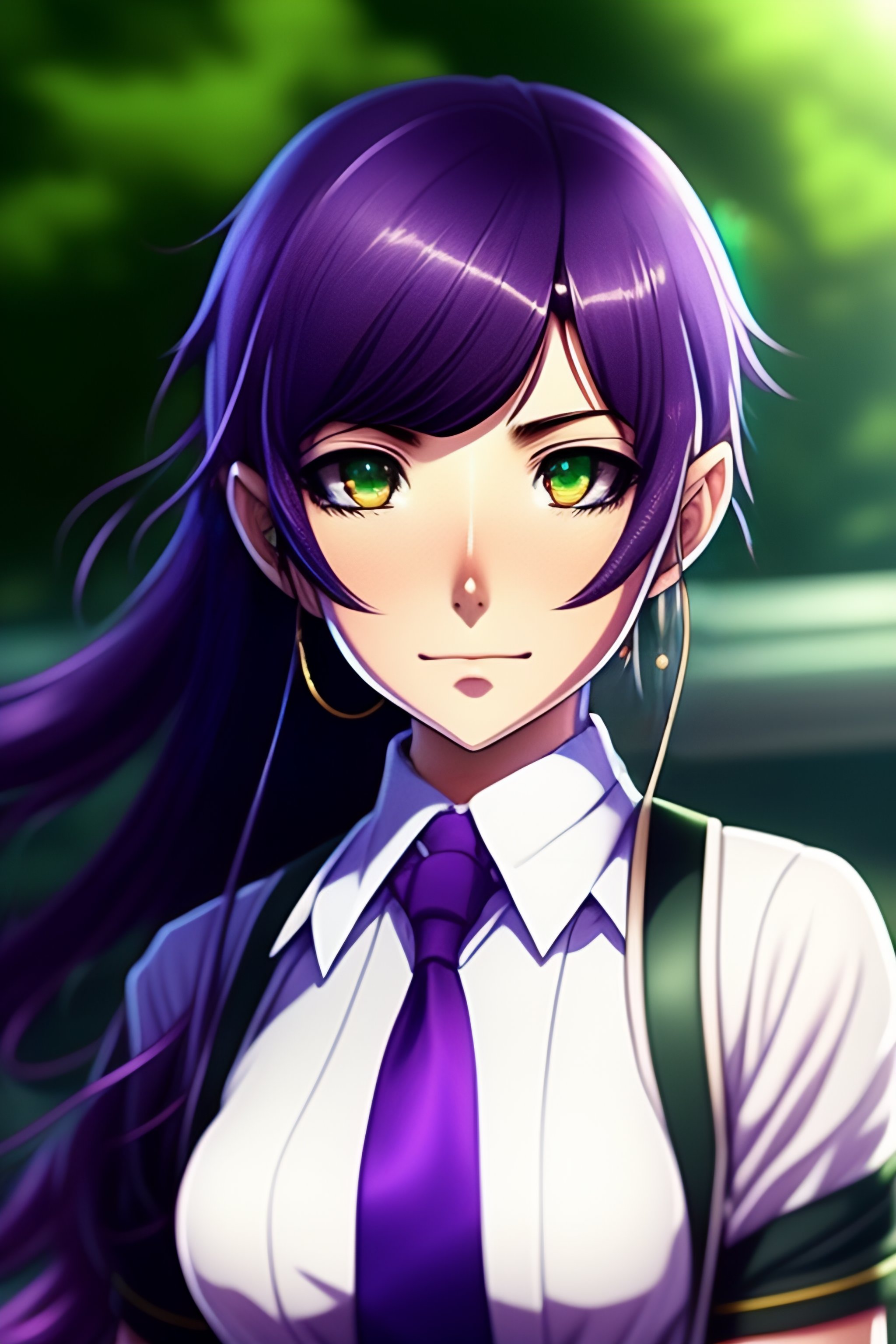 Lexica Schoolgirl with purple hair, green eyes, in school clothes