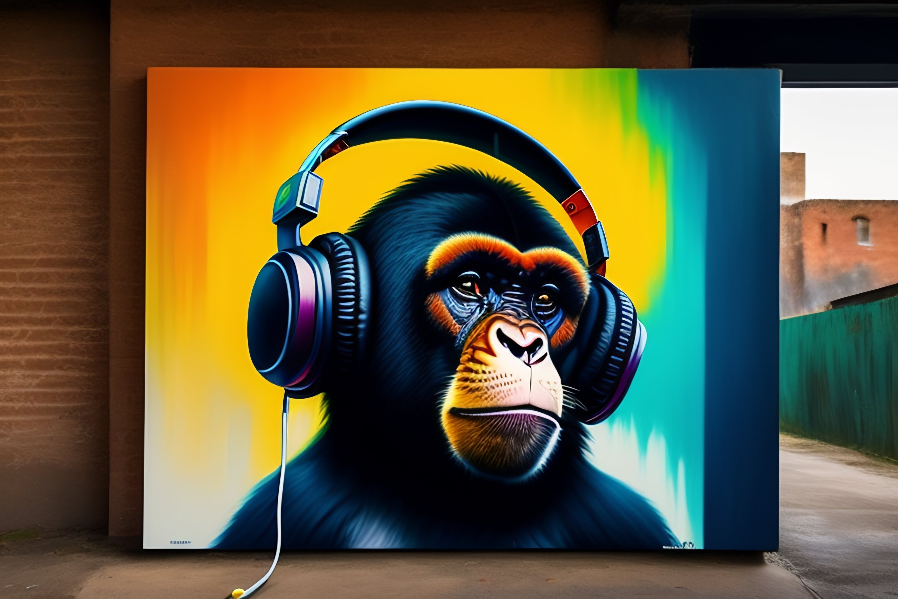 Lexica Painting of large monkey with colorful headphones by banksy