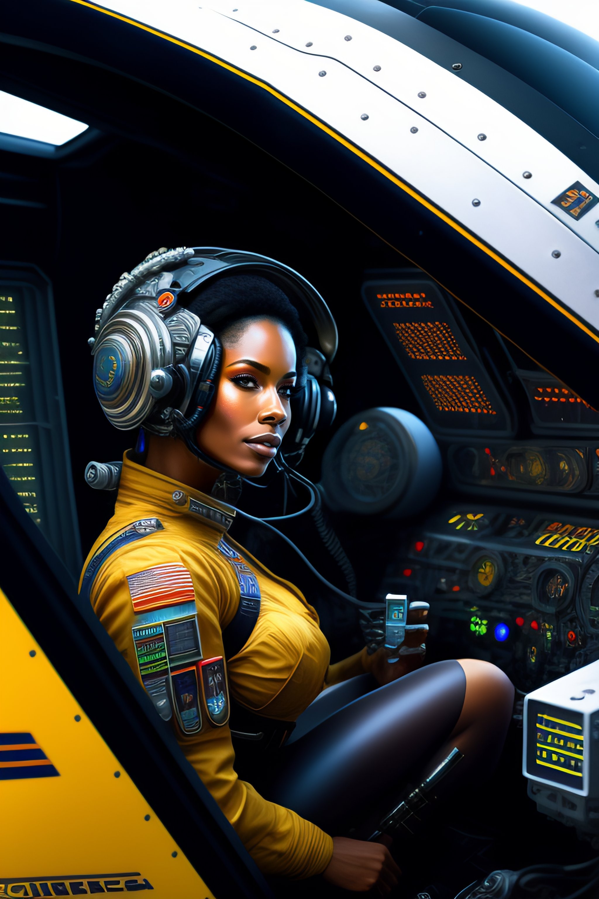 Lexica - Cyborg pilot wired to commands, detailed maximalist interior ...