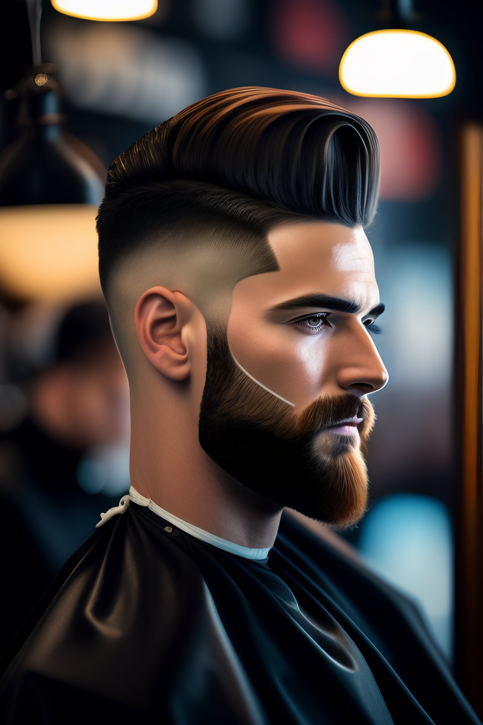 Lexica A barberman cutting another man's hair in a barber shop, a