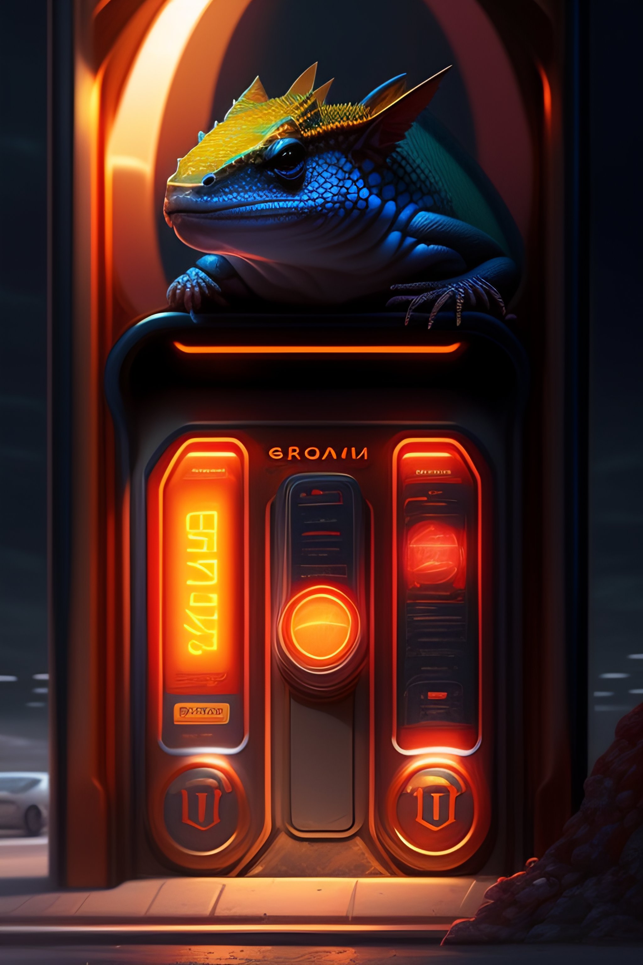 Lexica - Gas station, inside, sci-fi, lizard man, keychain, flashing red  light, smooth, art by artgerm and greg rutkowski and alphonse mucha