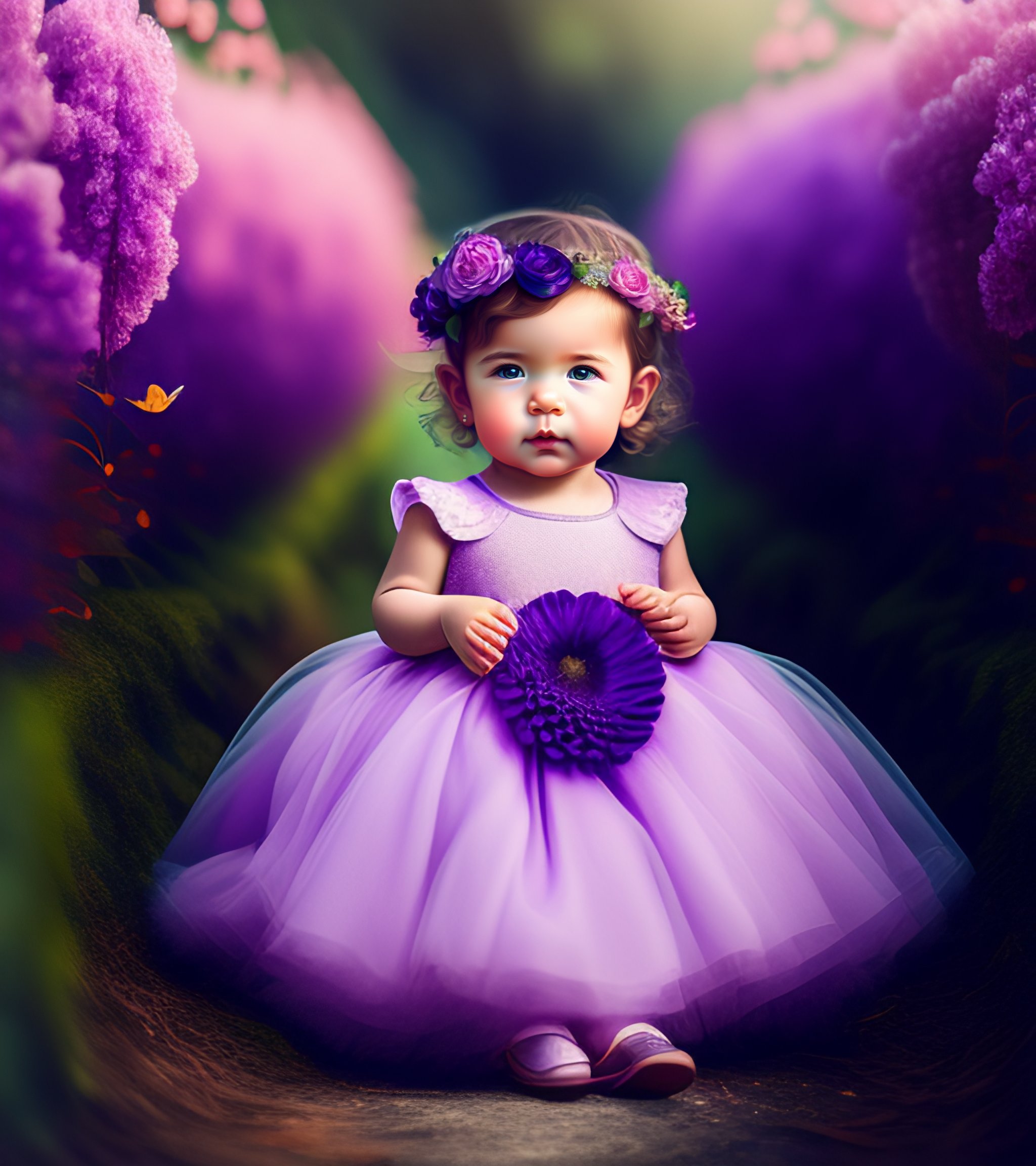 Cute Adorable Girl Baby Is Looking Up Wearing Purple Dress Cute