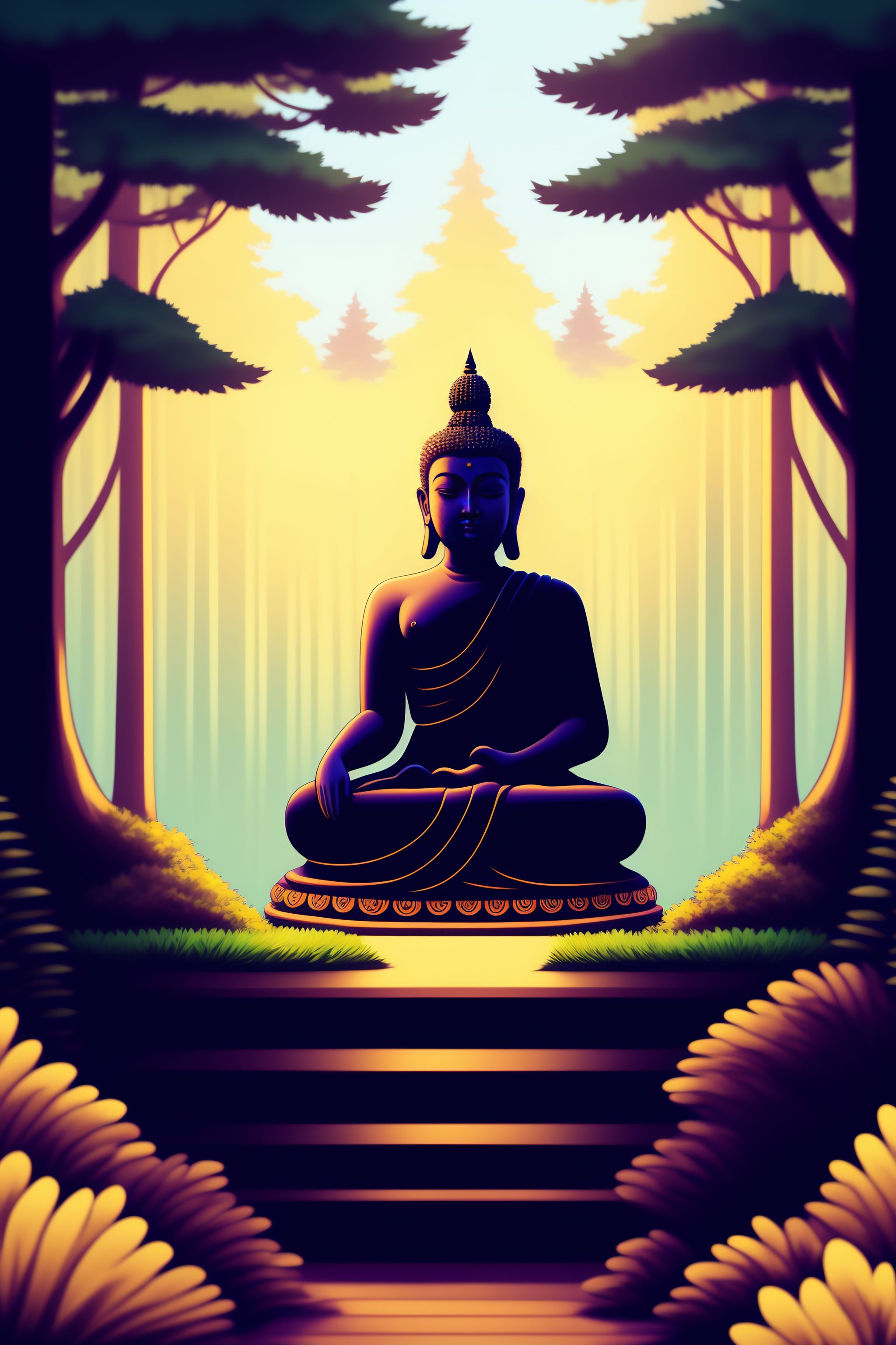 Lexica - Buddha sitting in a forest, soft light in the background, trees,  plants, birds, black outlines, peaceful, comic style, toon art, anime art,  ...