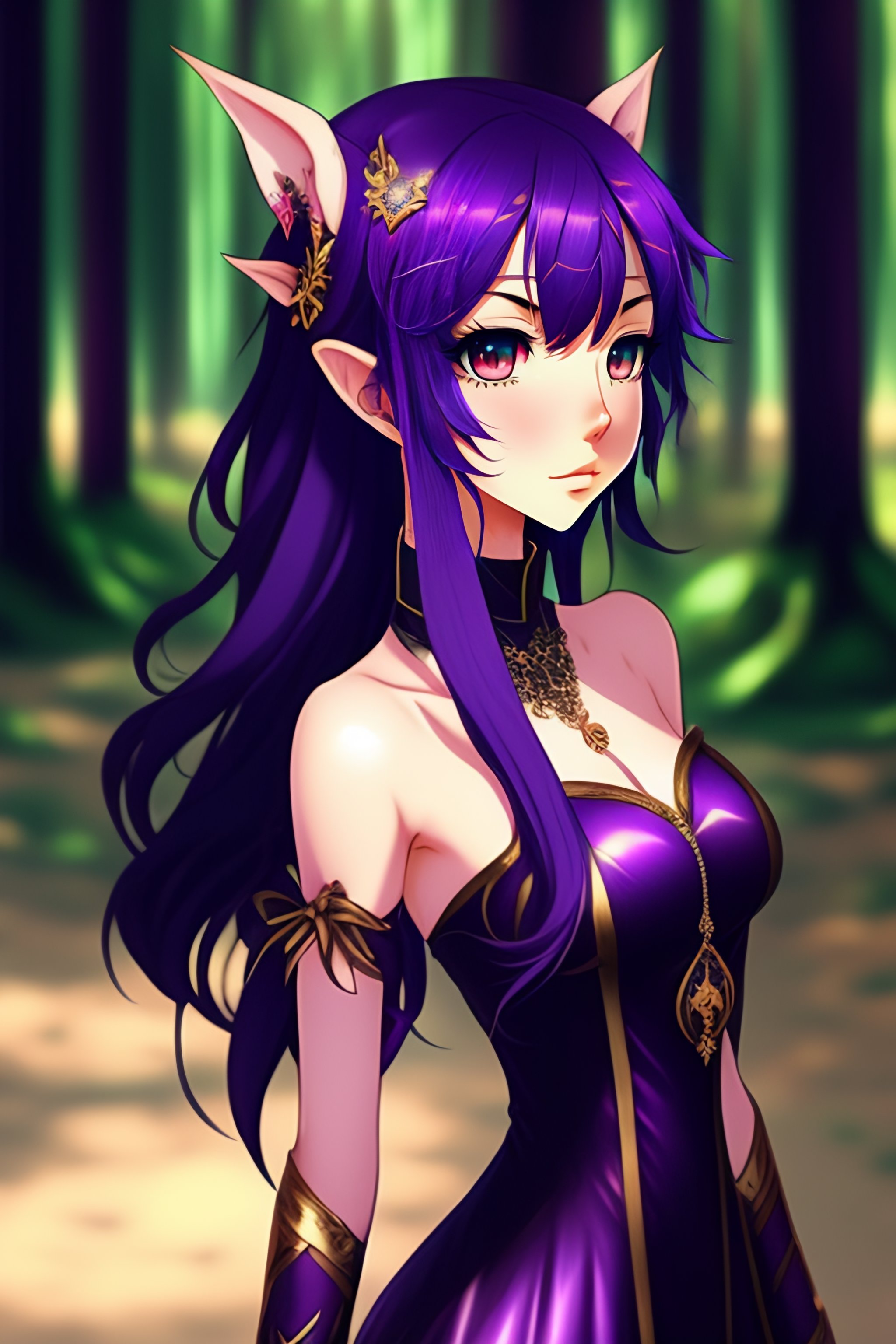 Lexica - Full body, 20-year-old girl anime forest elf, purple hair, black  color dress