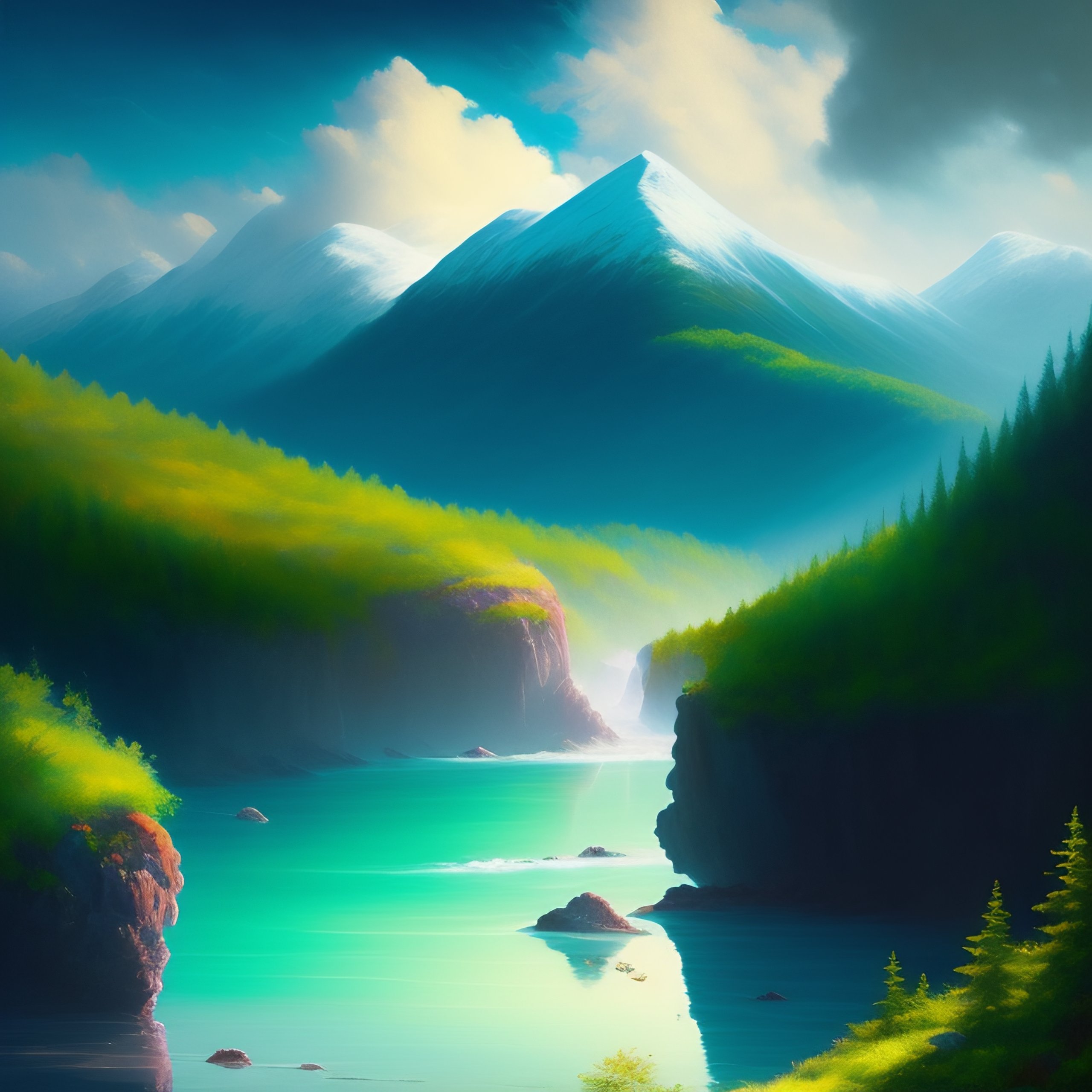Lexica - A lush landscape, atmospheric, forest far away, blue ocean ...