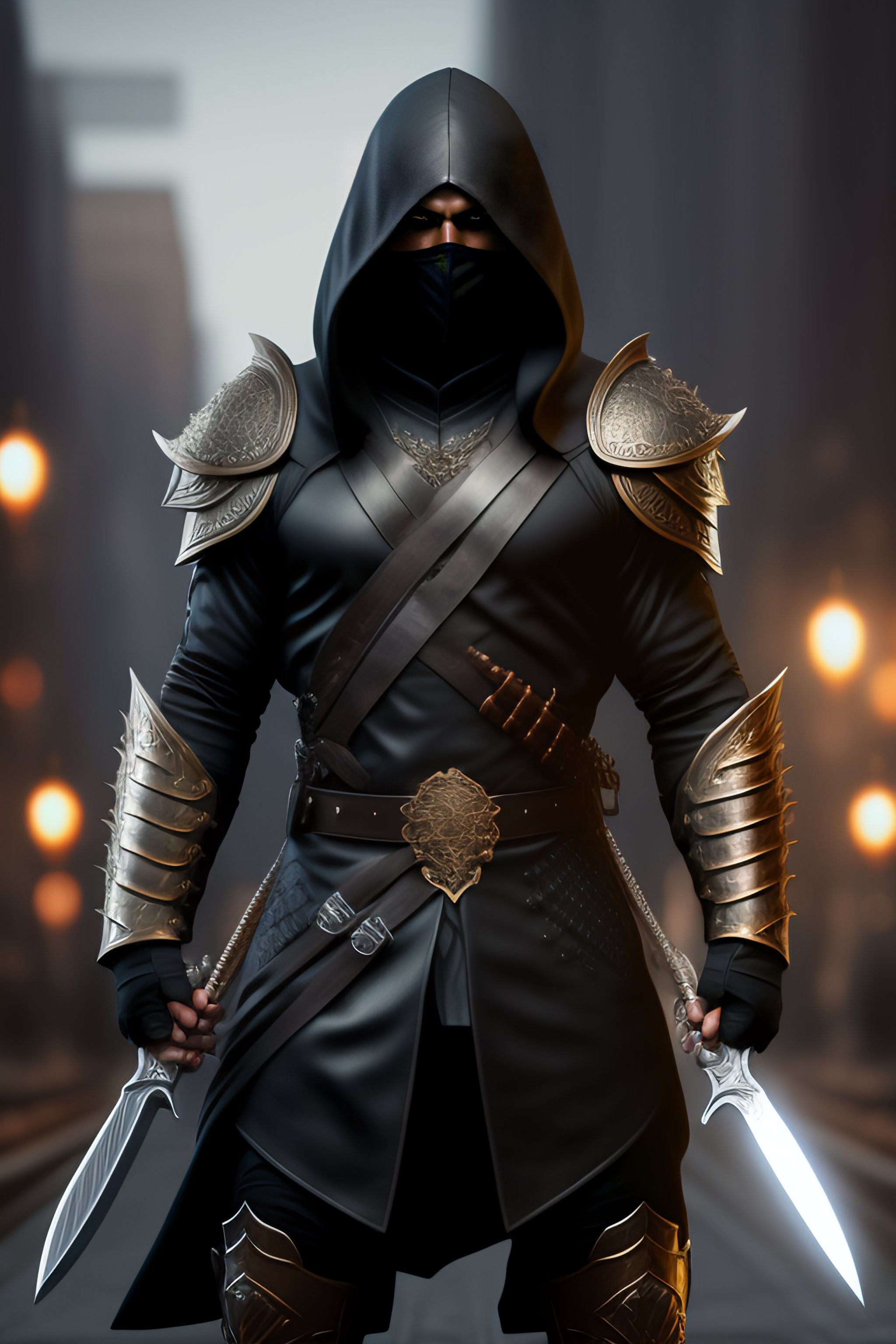 Lexica - Full body picture a masked male assassin holding a two knives in both leather armored, realistic, anatomically correct, detailed, ...