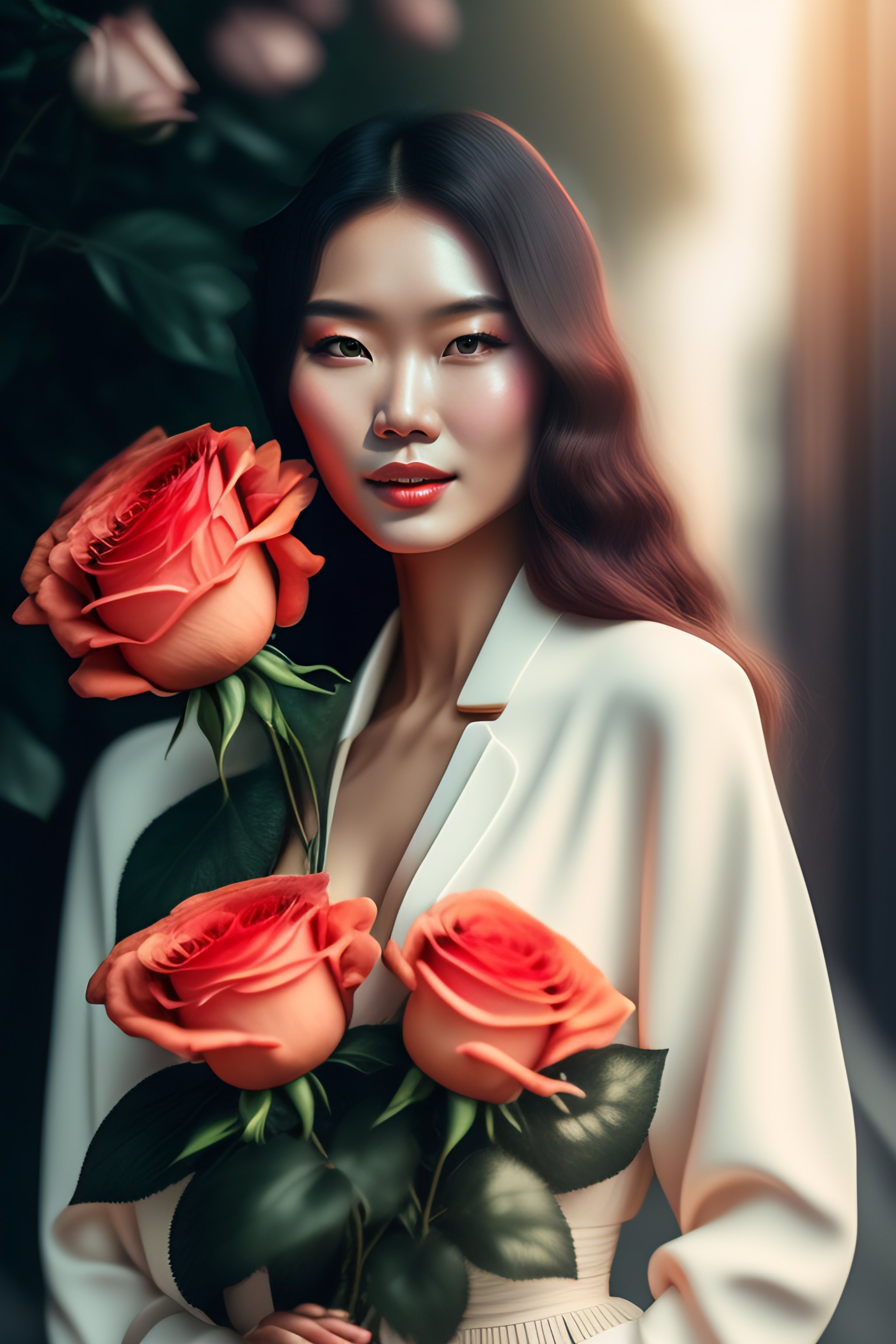 Lexica - Woman holding a bouquet of roses like a baby, hyper detailed ...