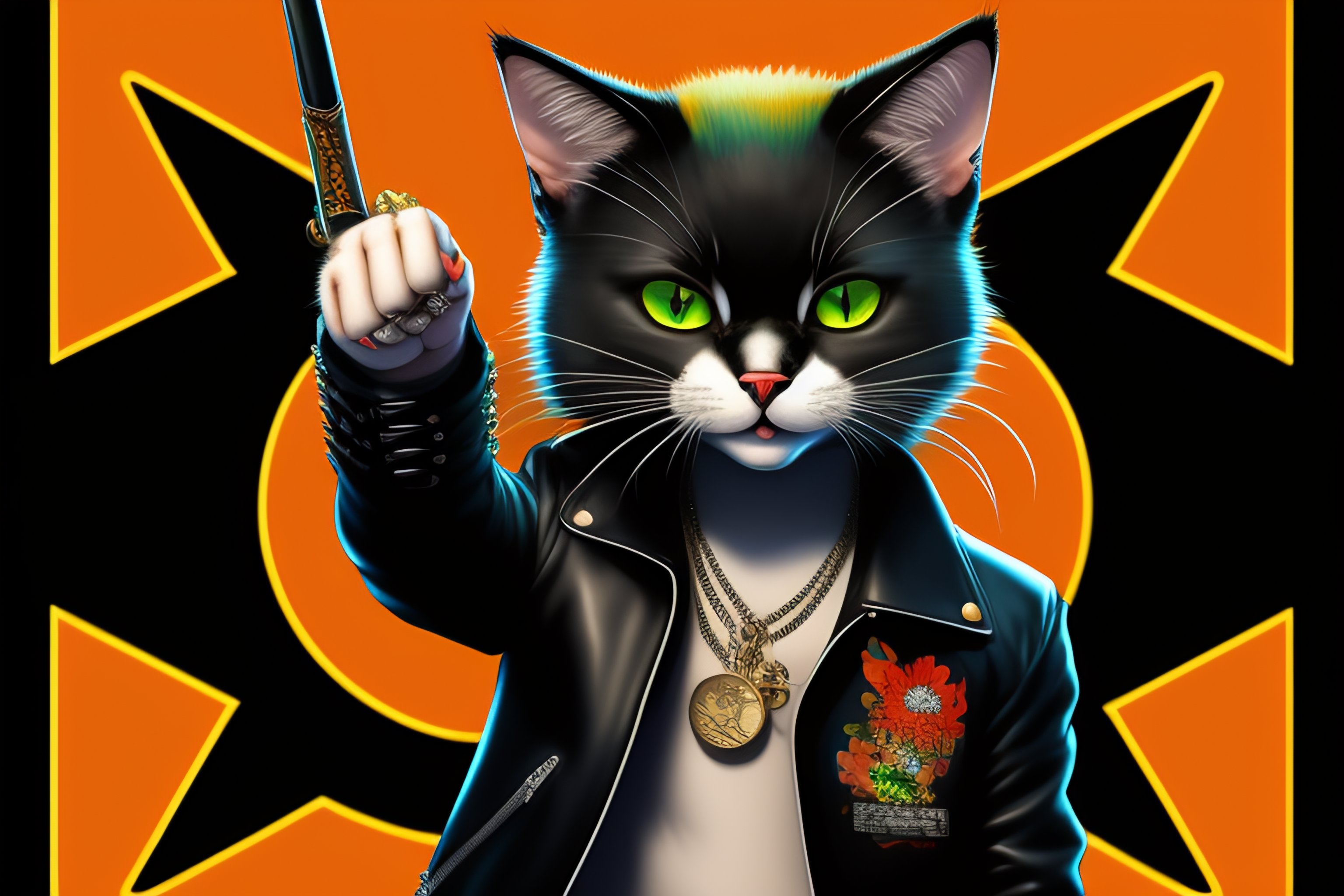 Lexica - Digital painting of a punk cat wearing a black leather jacket