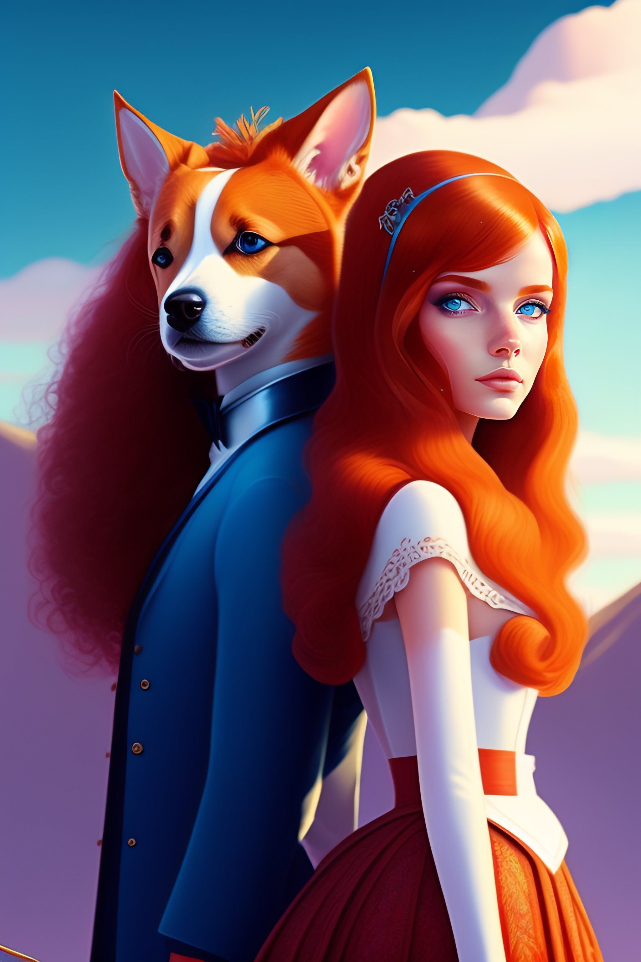 Lexica Blueeyed and longhaired redhead woman next to a white jack