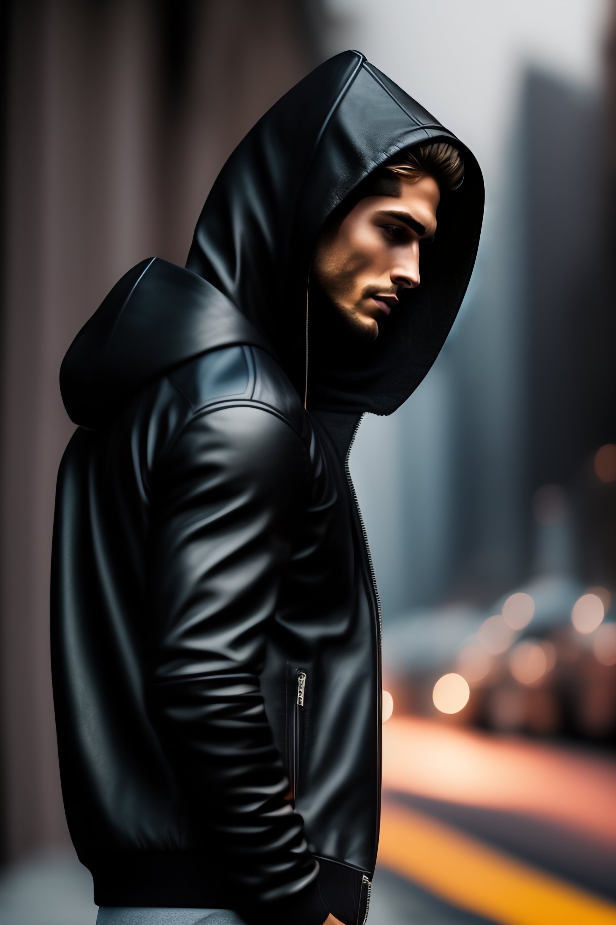 Black hoodie leather clearance jacket