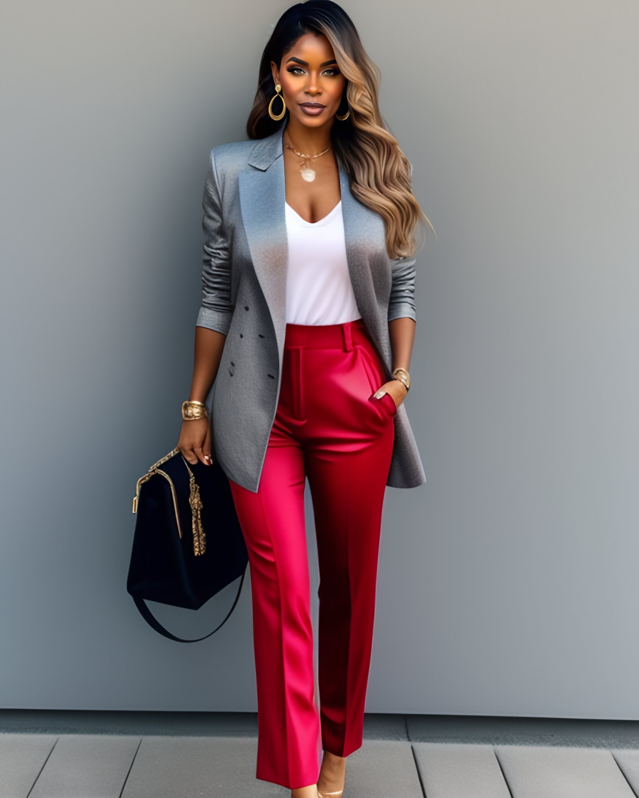 Lexica - A young american woman wearing a large grey blazer, a silver tank  top, high-waisted black trousers, golden earrings, red heels and carrying