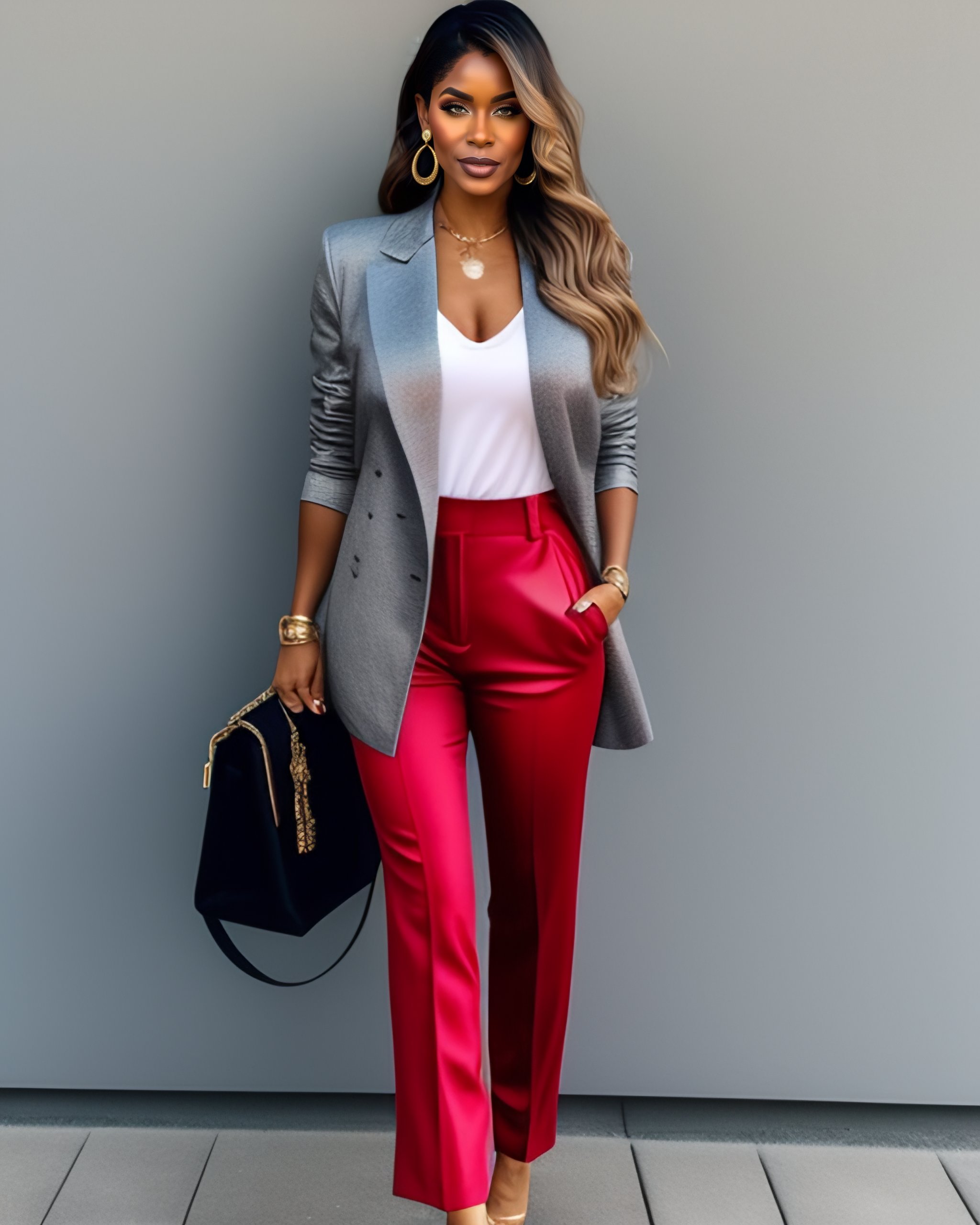 Lexica A young american woman wearing a large grey blazer a silver tank top high waisted black trousers golden earrings red heels and carrying