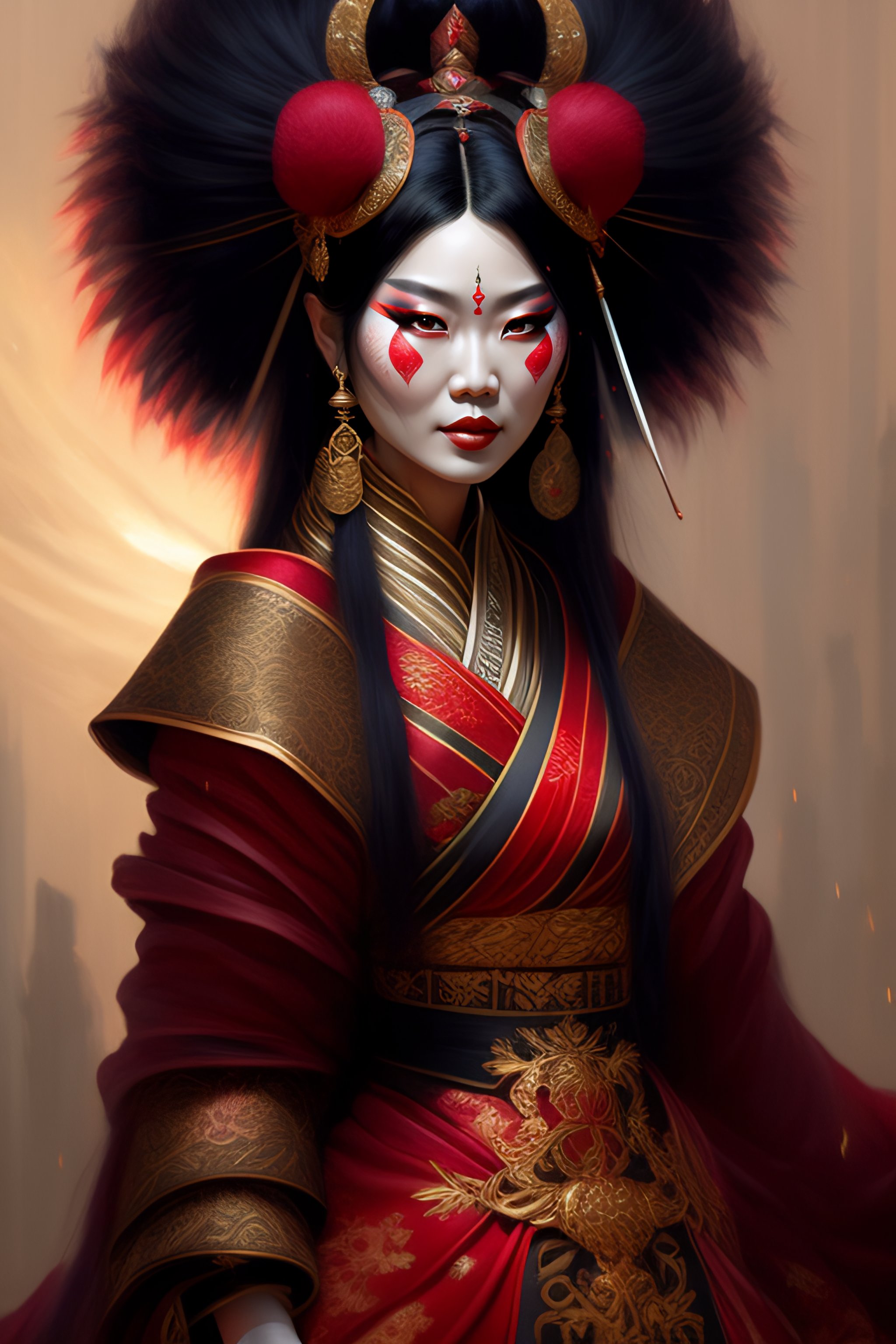 Lexica - An epic portrait of insane kabuki wielding a spear, magical ...