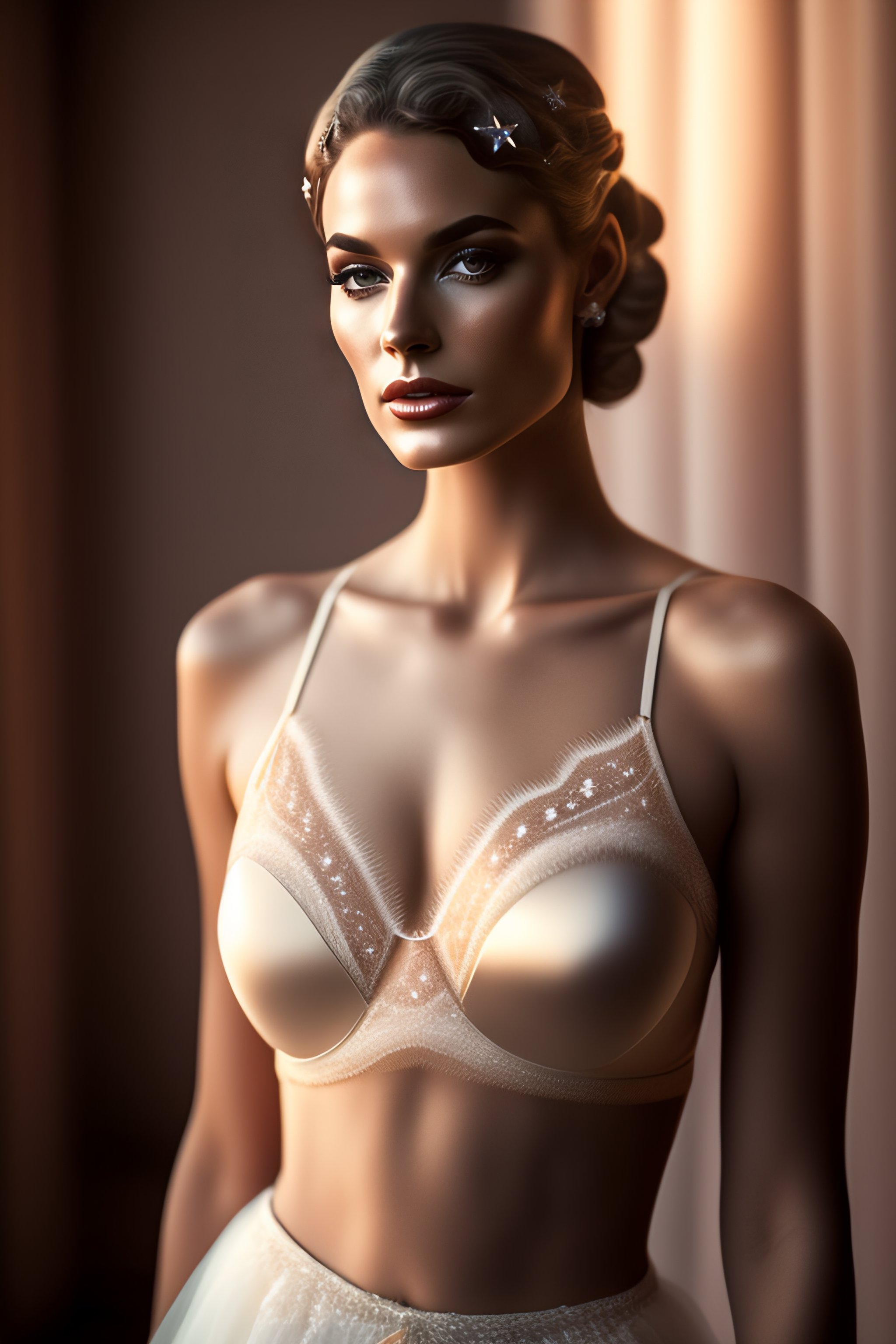 Lexica - Silk tulle bra with lines and stars, embroidery, 1950,  photorealistic, smooth cam dramatic soft light, ground angle hd 8 k, sharp  focus, vi