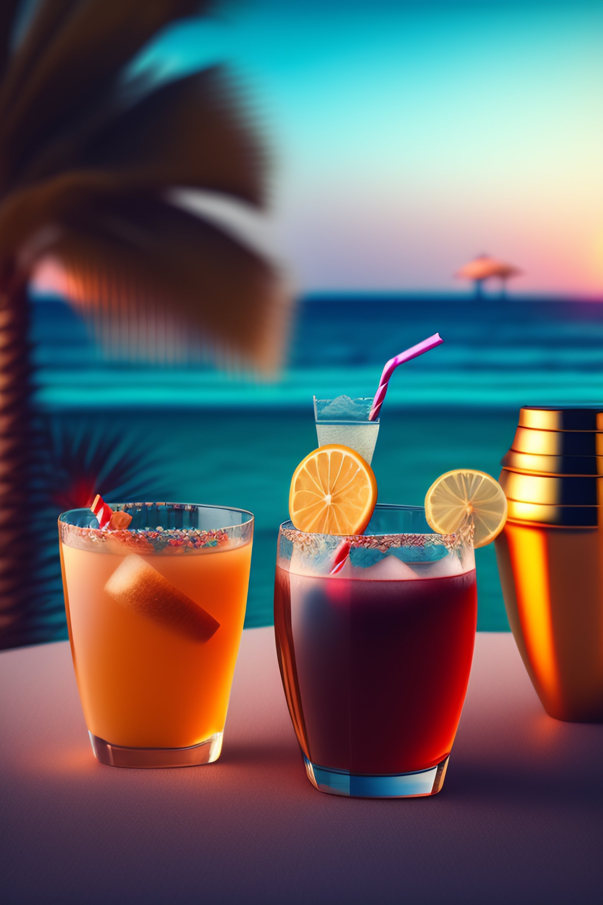 Lexica - Brazilian drag queen and man and girls drinking cocktails in palm  of mallorca,beach, retro future,octane render