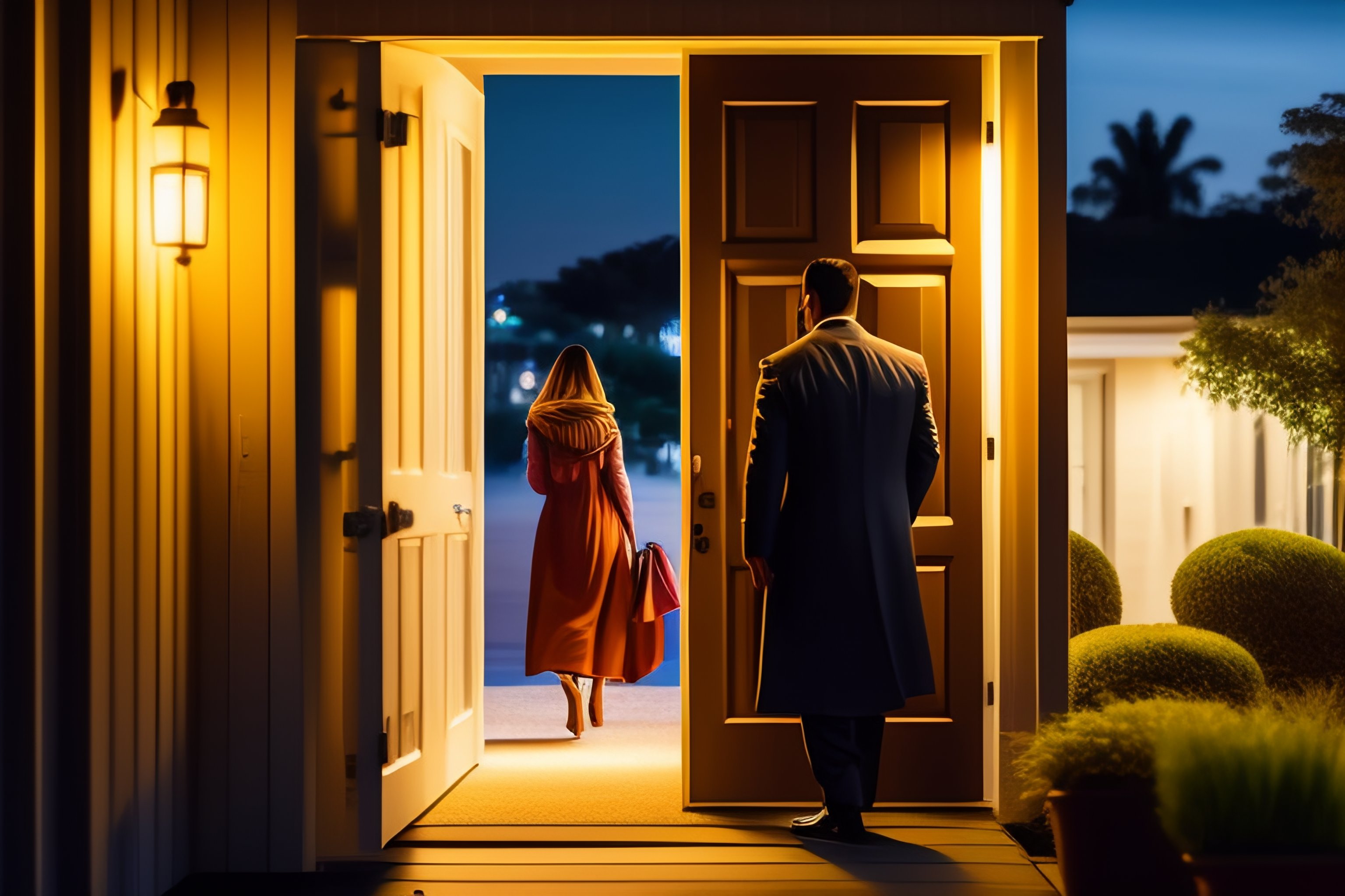 Lexica A street look. a dressed man leaves his home at night, while a