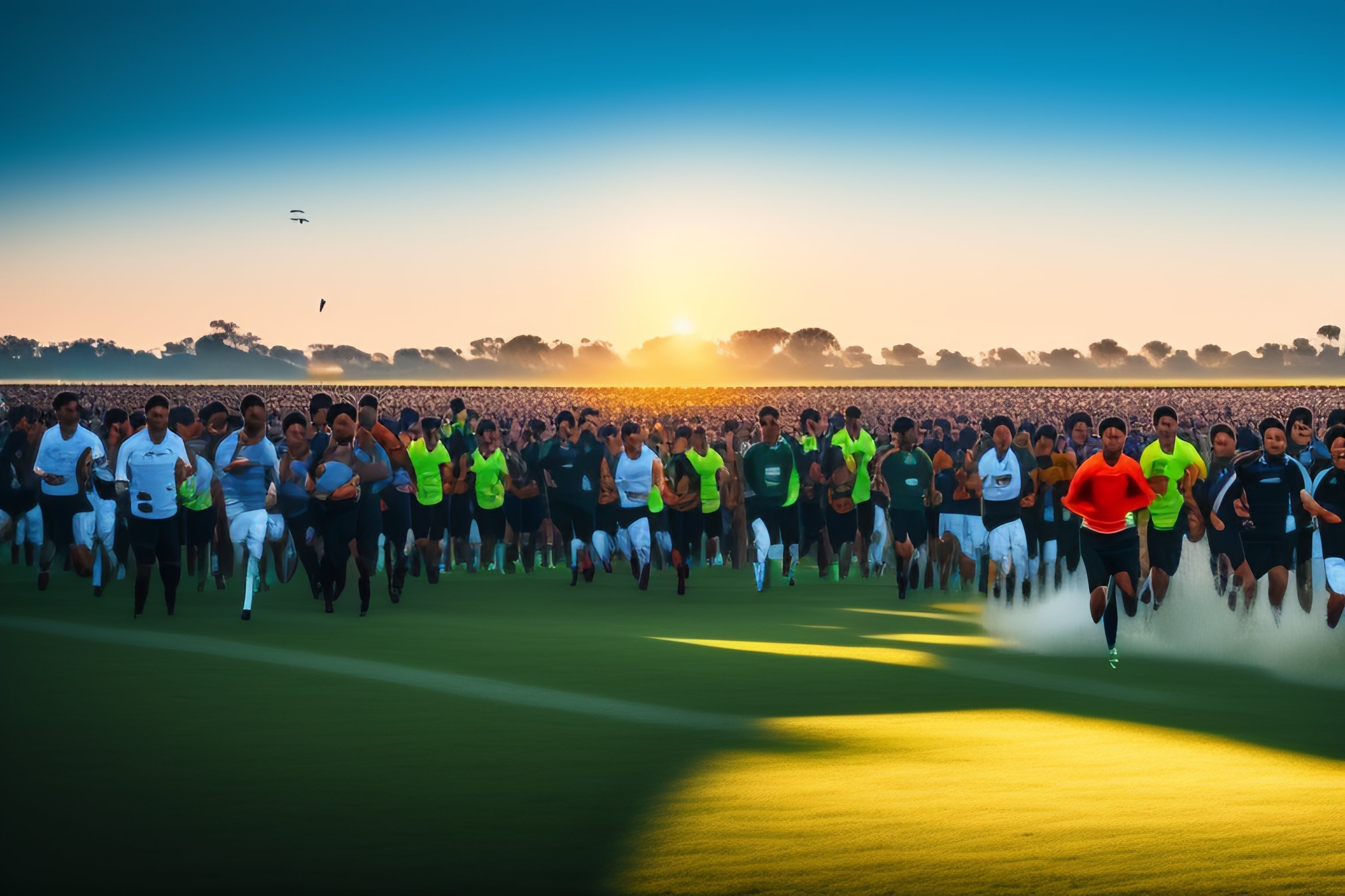 Lexica - Background full of people chasing on grass, front view, clear sky