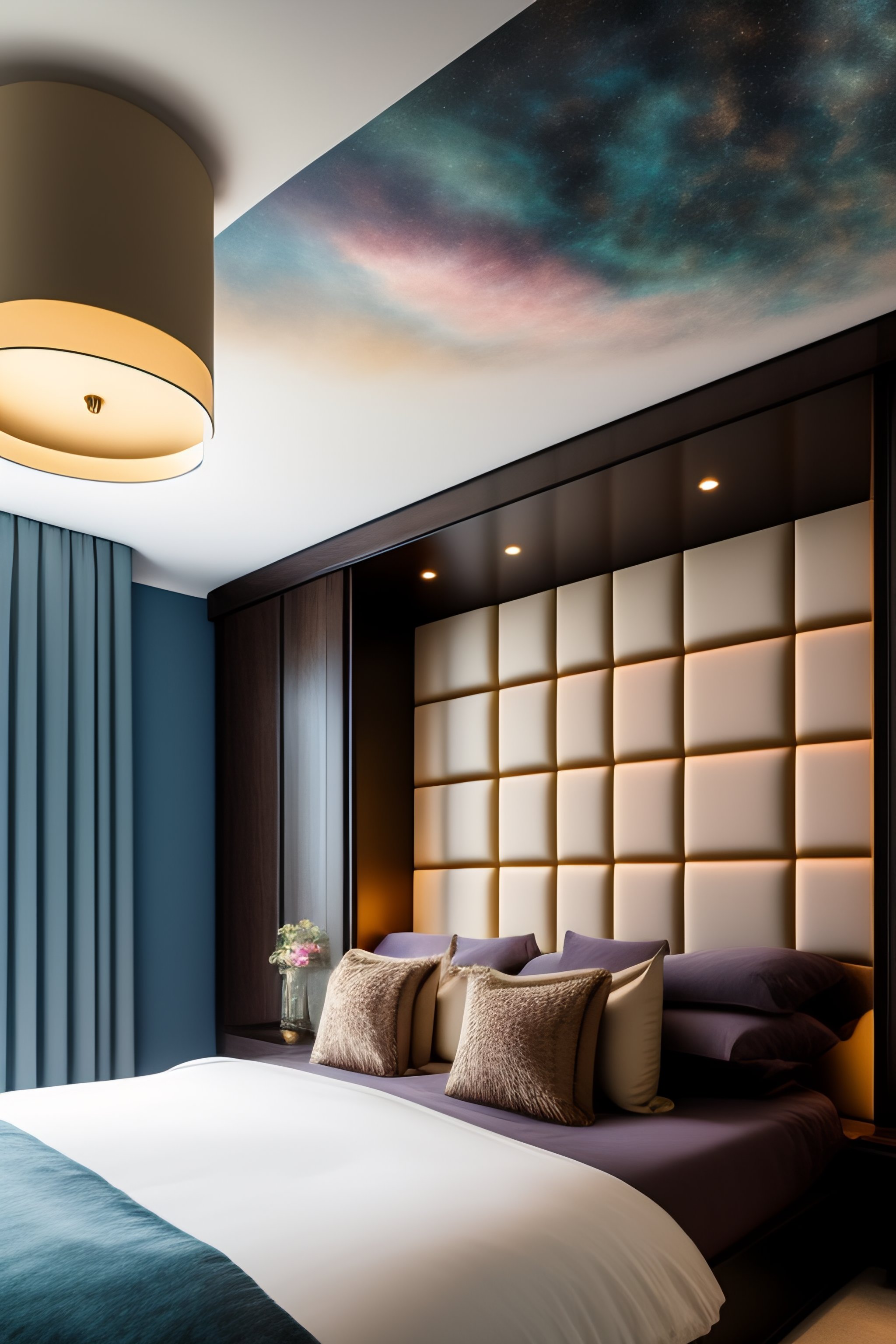 Lexica - Bedroom with large plush bed and walls covered in layers of fabric