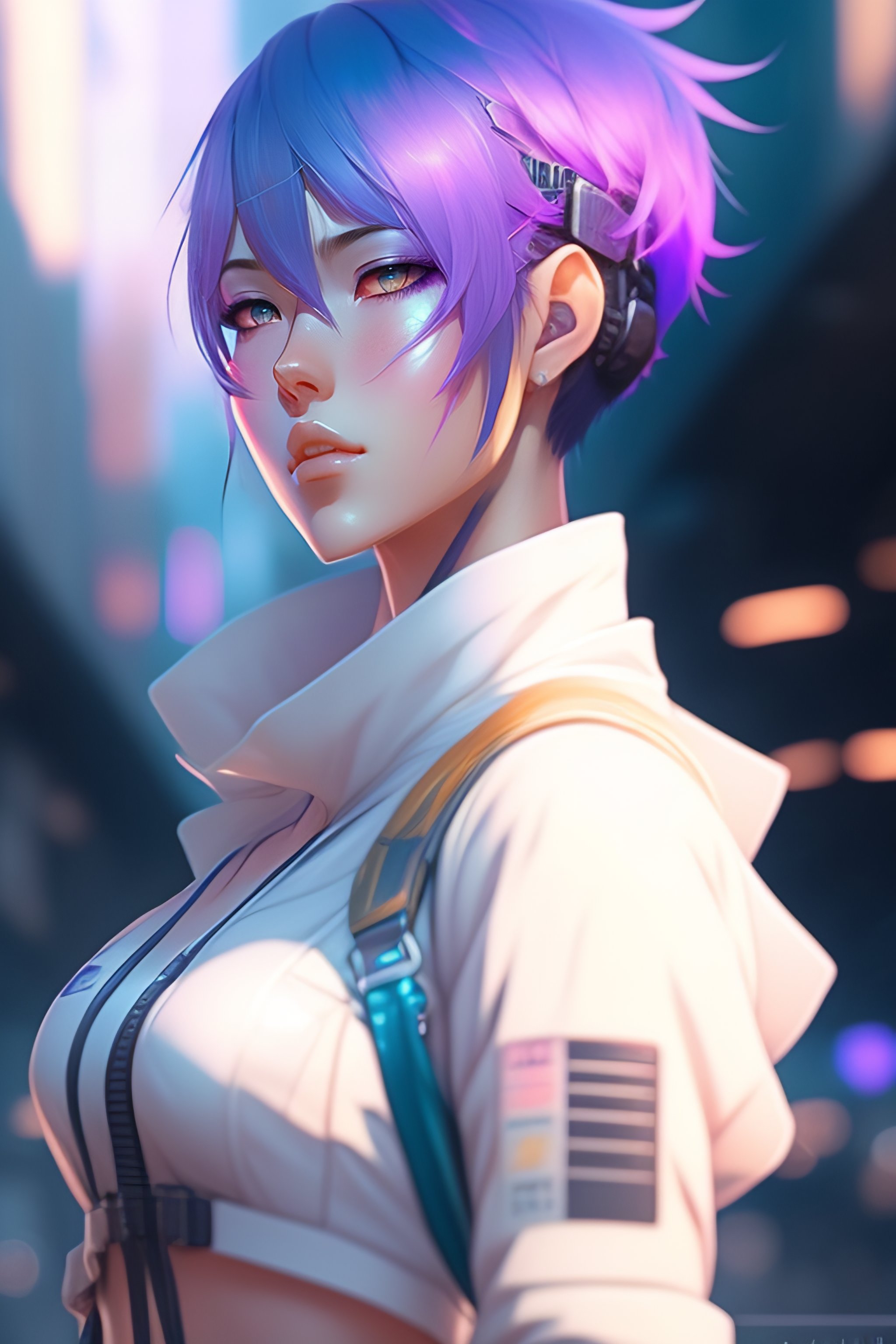 Lexica - Anime cyberpunk woman with Pastel Rainbow white blue short ...