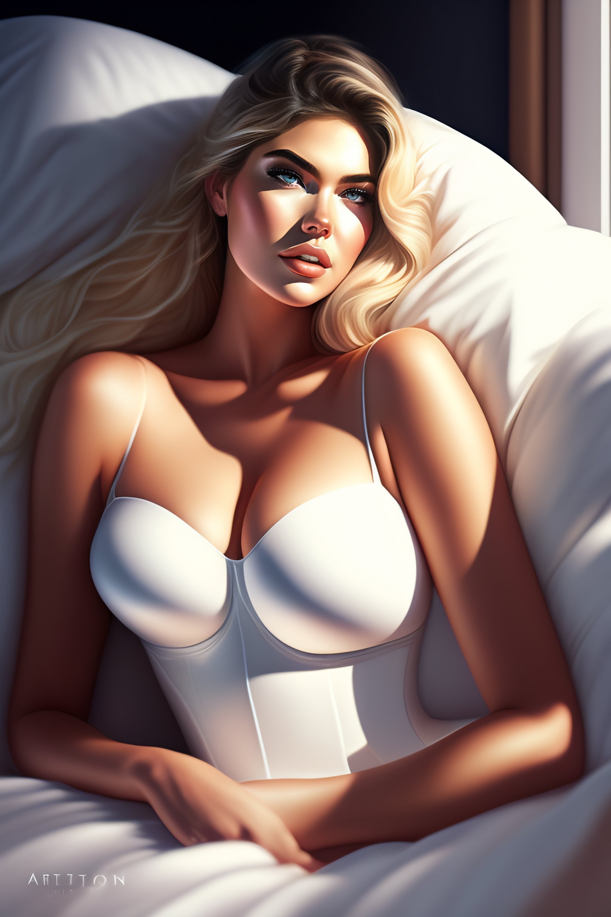 Lexica - 2D digital painting of Kate Upton, wearing white sheets, crouching  in a bed, full intimate setting, by artgerm lau rossdraws elegant highly ...