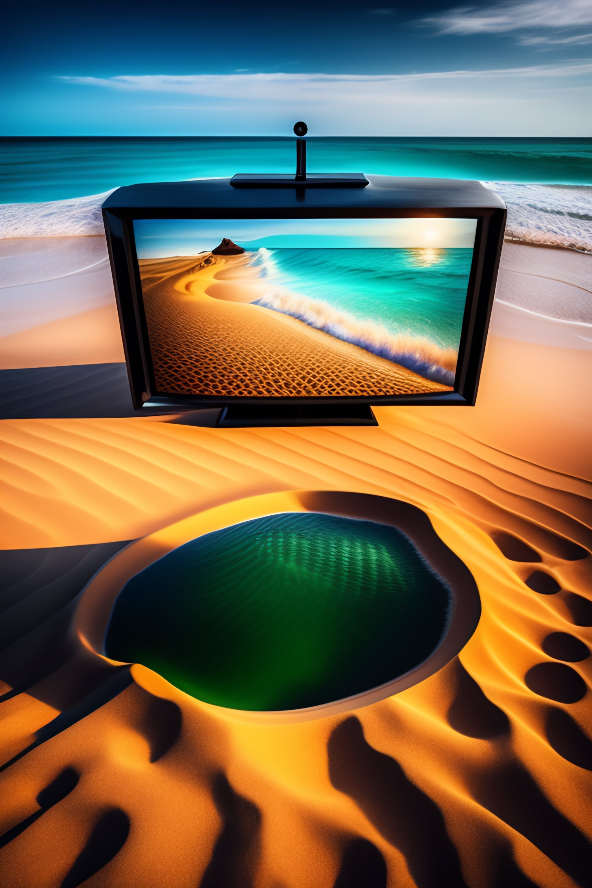 Lexica - Television in the middle of the beach sand