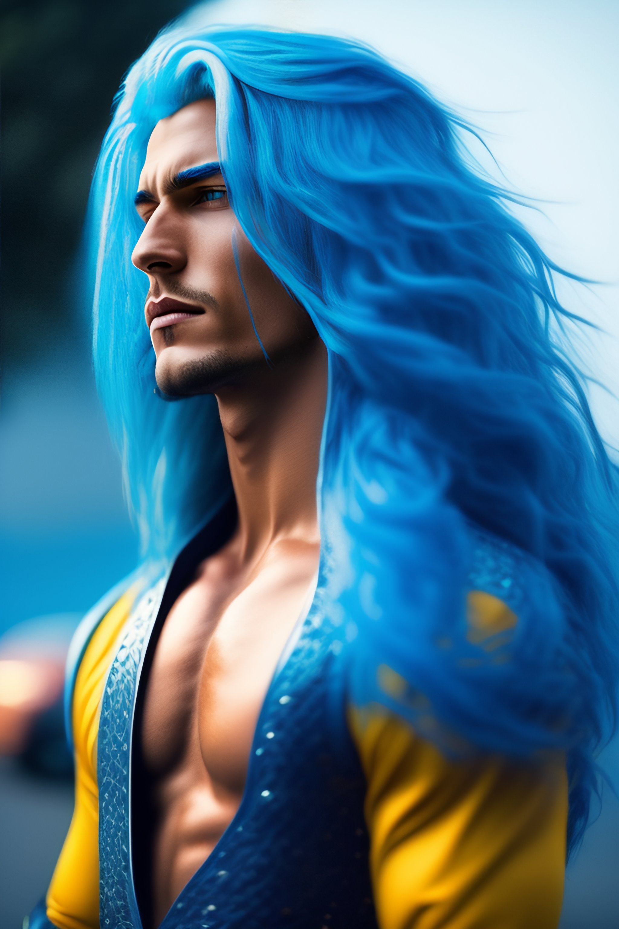 Lexica - Man with long hair like super sayen , blue hair