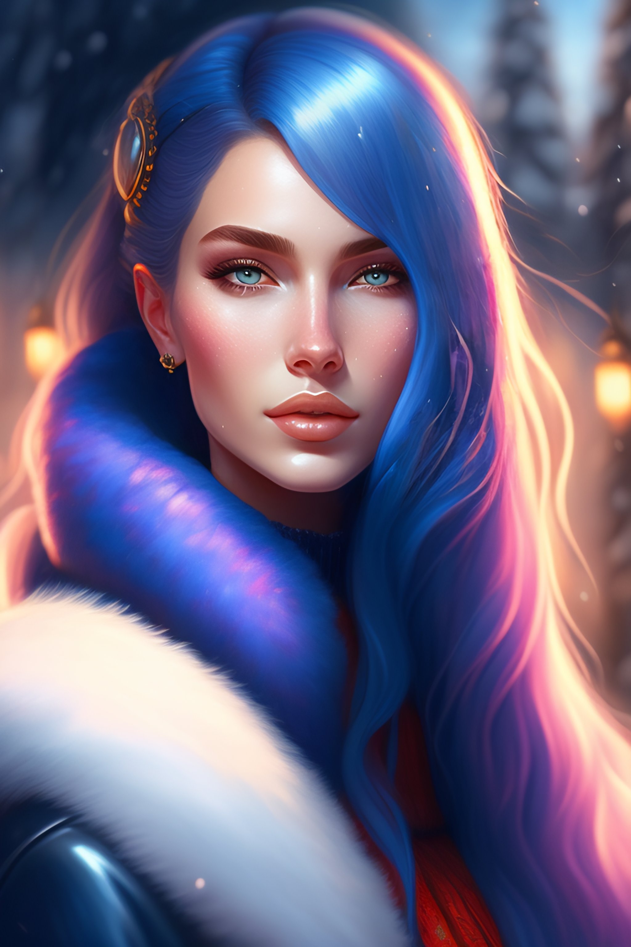 Lexica - Portrait With Long Blue Hair, Winter Fur Clothing, Elegant ...