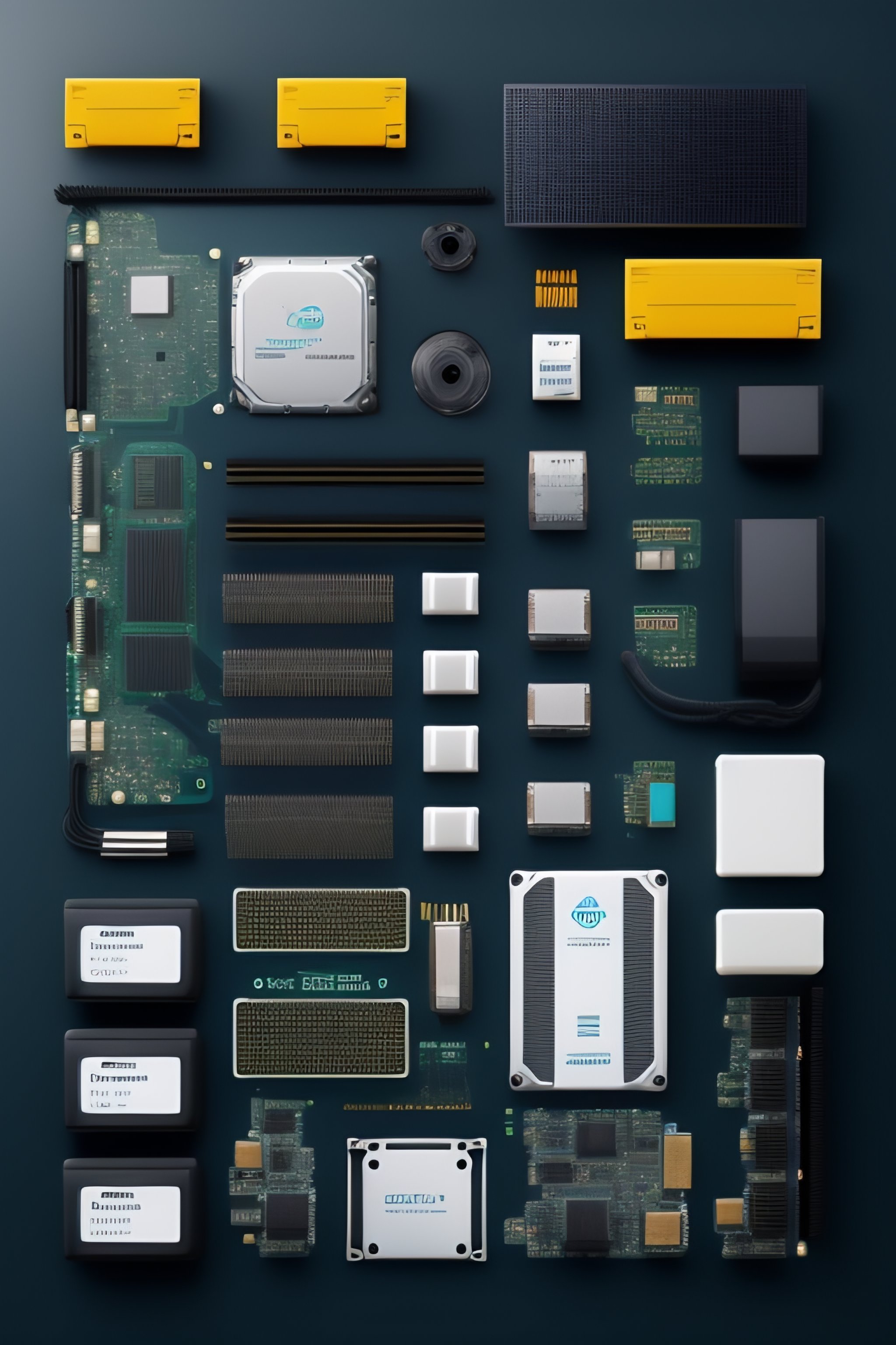 Lexica - Knolling, flat lay, computer parts, harddrive