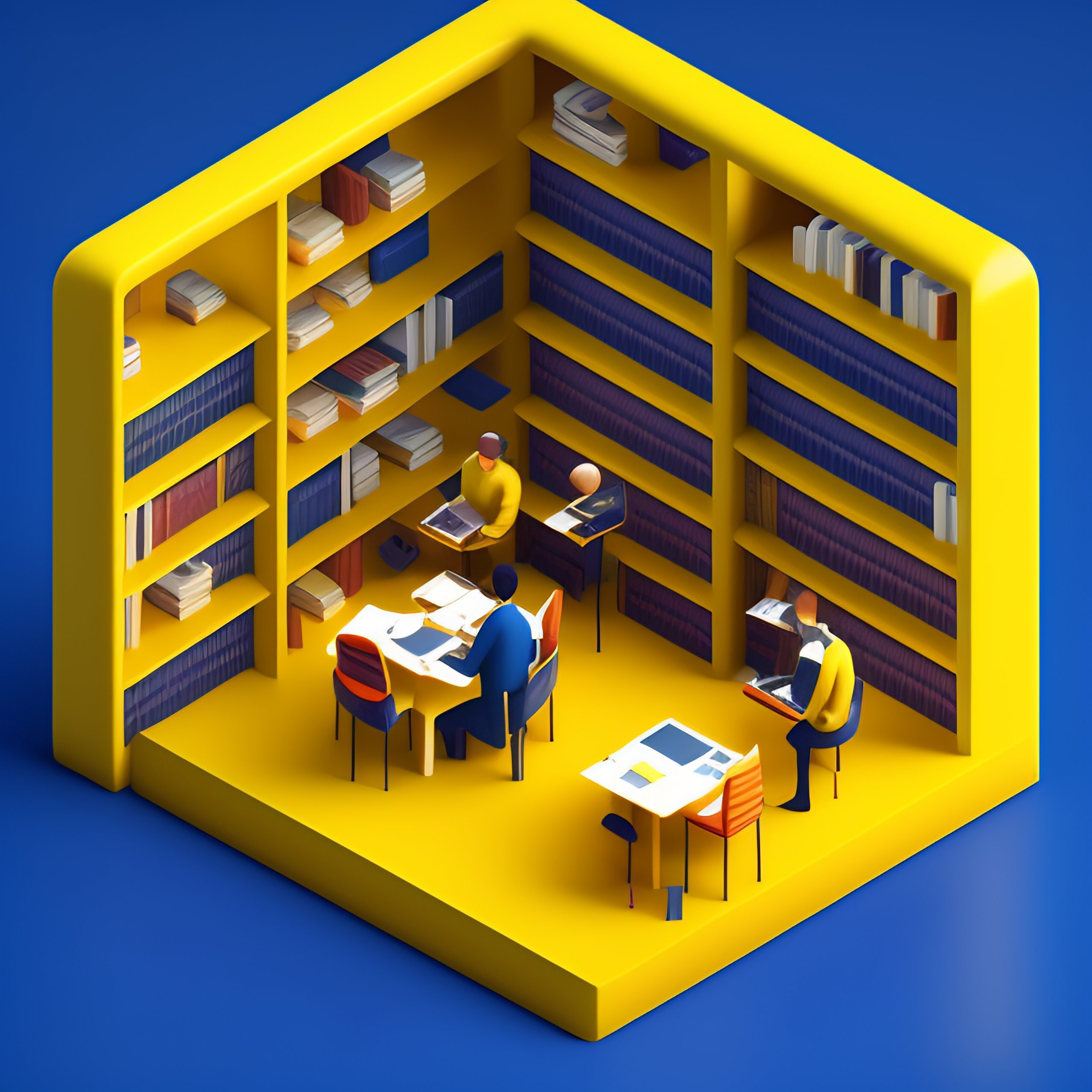 Lexica - A library with yellow and blue, reading people, isometric, 3d