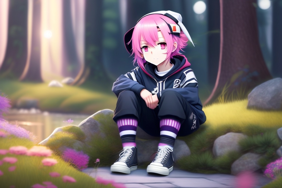 Lexica - Anime character, boy with pink hair, short shoulder-length hair,  wearing a black hooded sweatshirt, a black schoolgirl skirt, black and  whit...