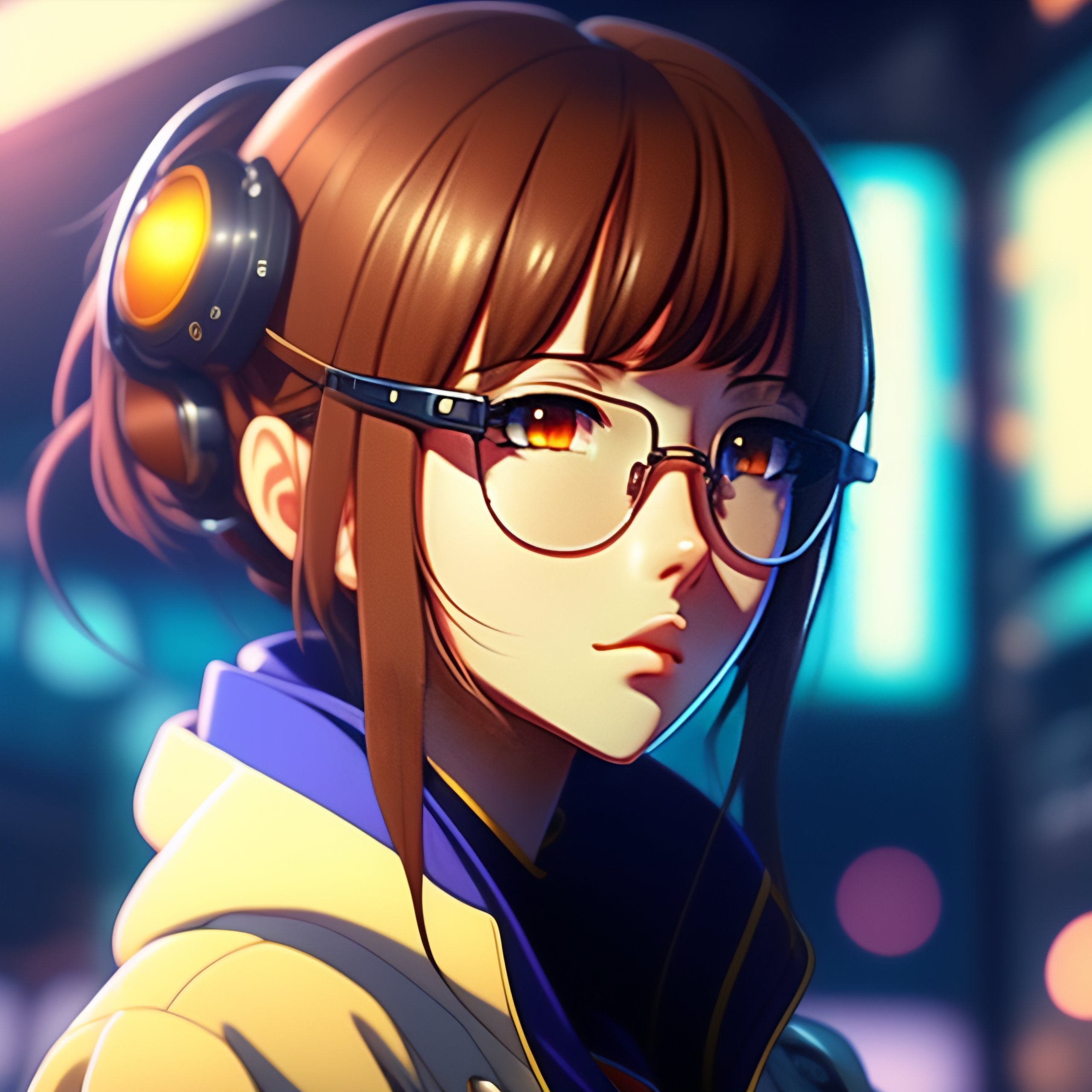 Lexica Anime Girl With Brown Hair And Brown Eyes And Round Glasses Cyberpunk Room Landscape 