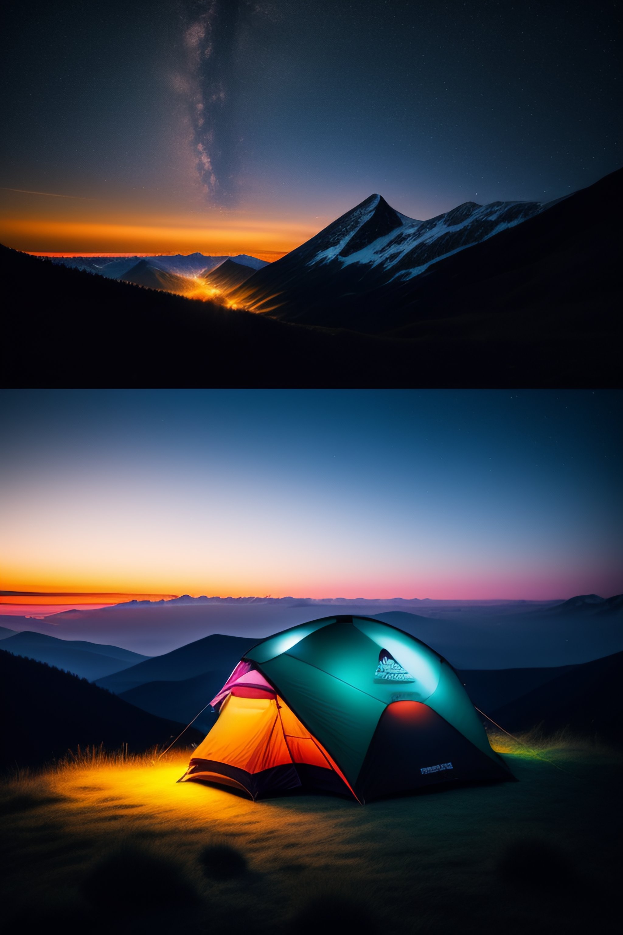 Lexica - A tent pitched up on top of a mountain under a night sky ...