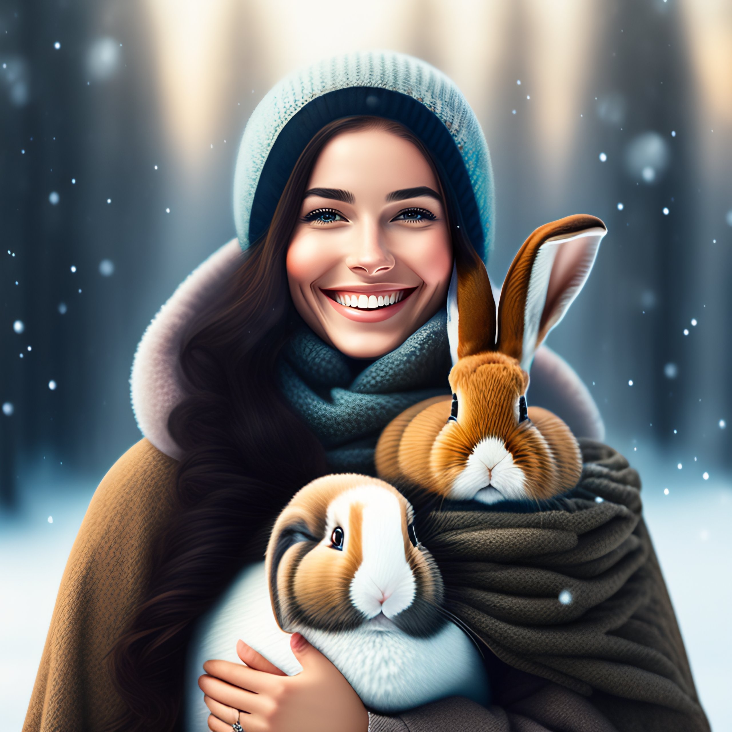 Lexica - Happy girl with winter sleepy cute rabbit, black hair