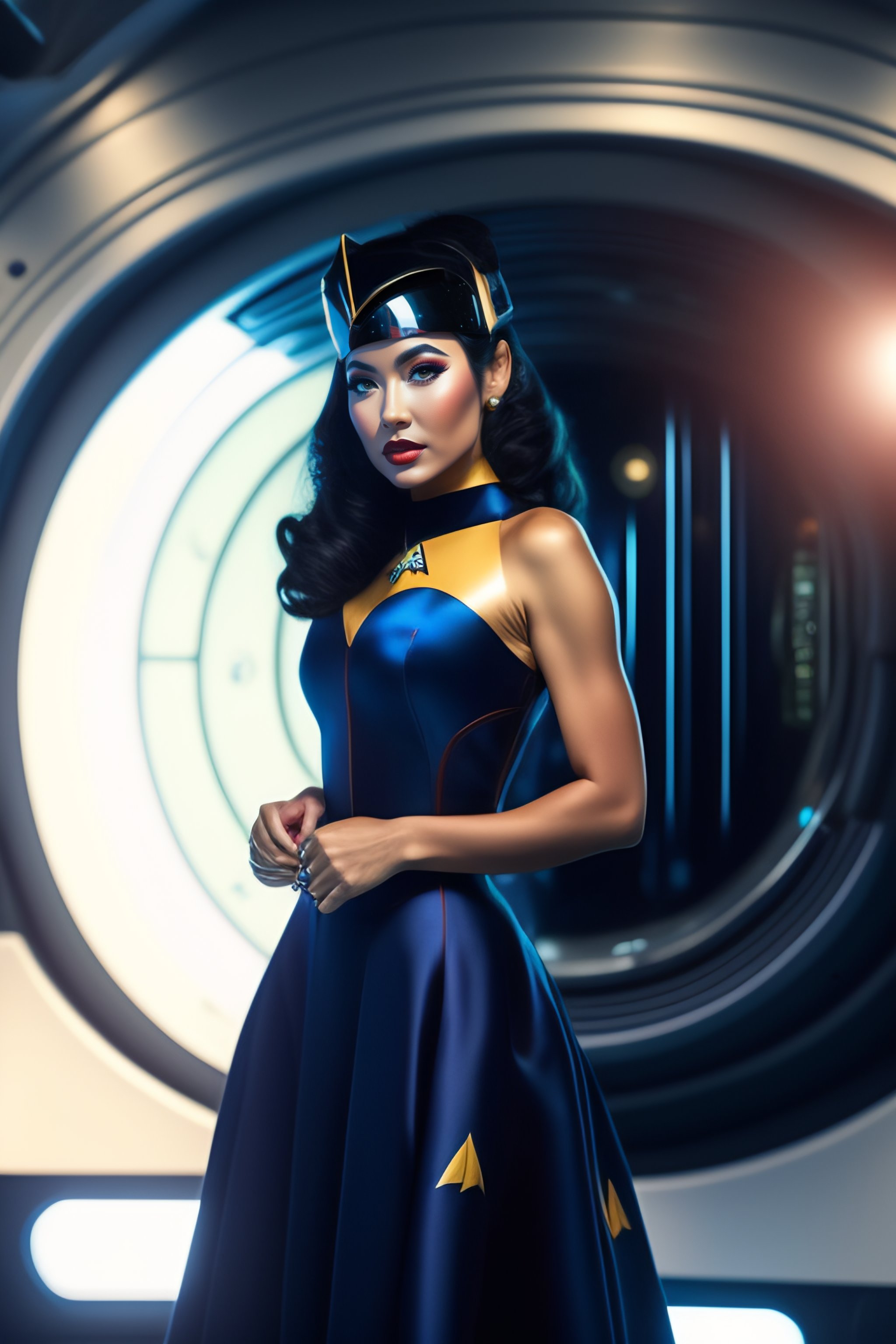 Lexica - A spacegirl, startrek in a black blue formal dress. walking inside  a spaceship, the year is 3100 and has some implants on her leg and arms