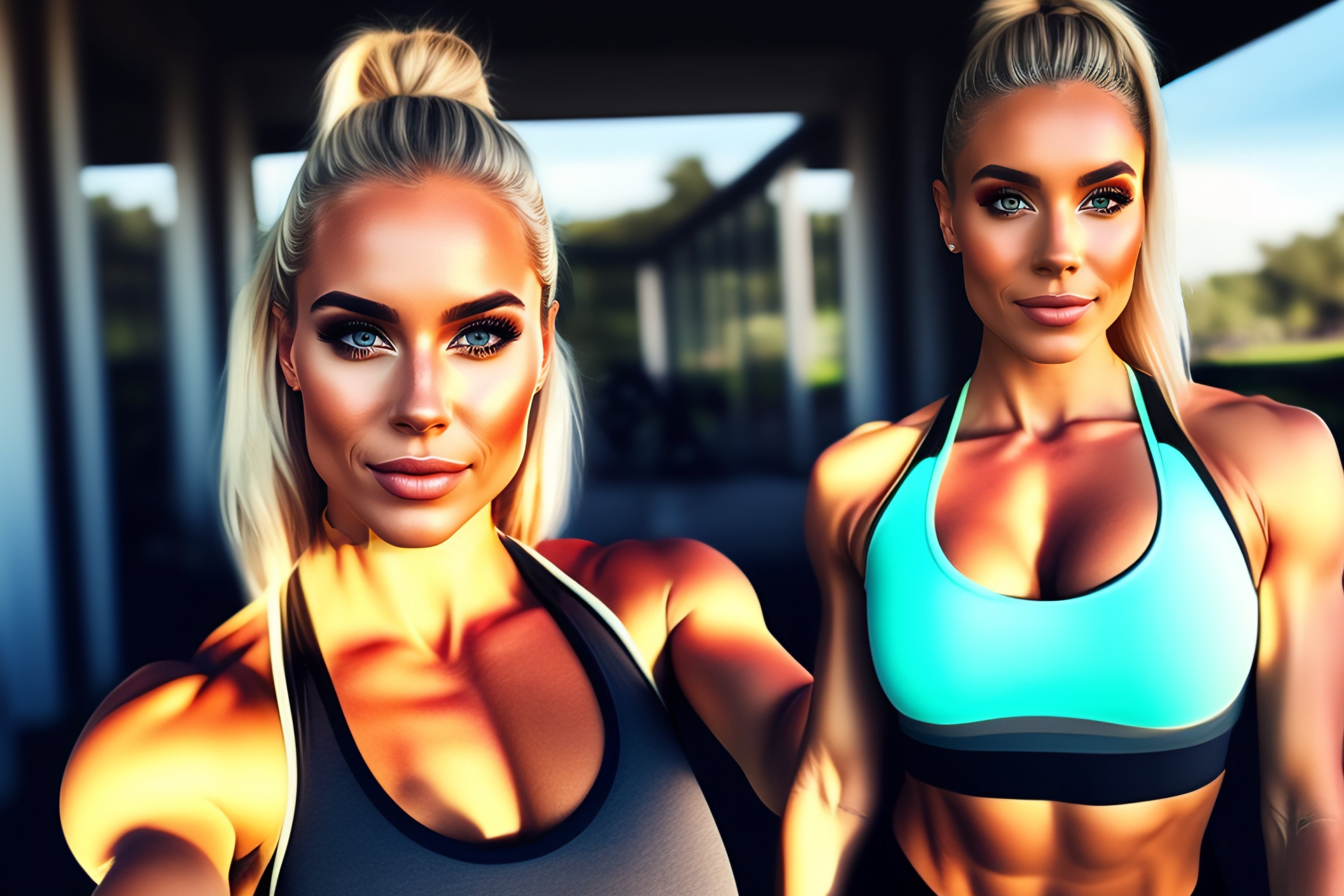 Lexica - Blonde girl on instagram posing in gym clothes, blonde ponytail,  leggins, sports bra, selfi, relistic, photo, full body, fitness,  aesthetic