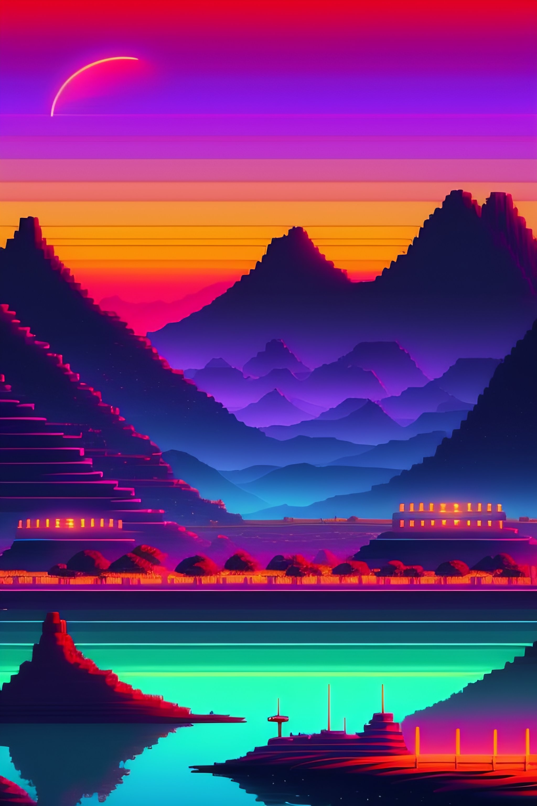 Lexica - Synthwave inka town with moon background, sharp focus