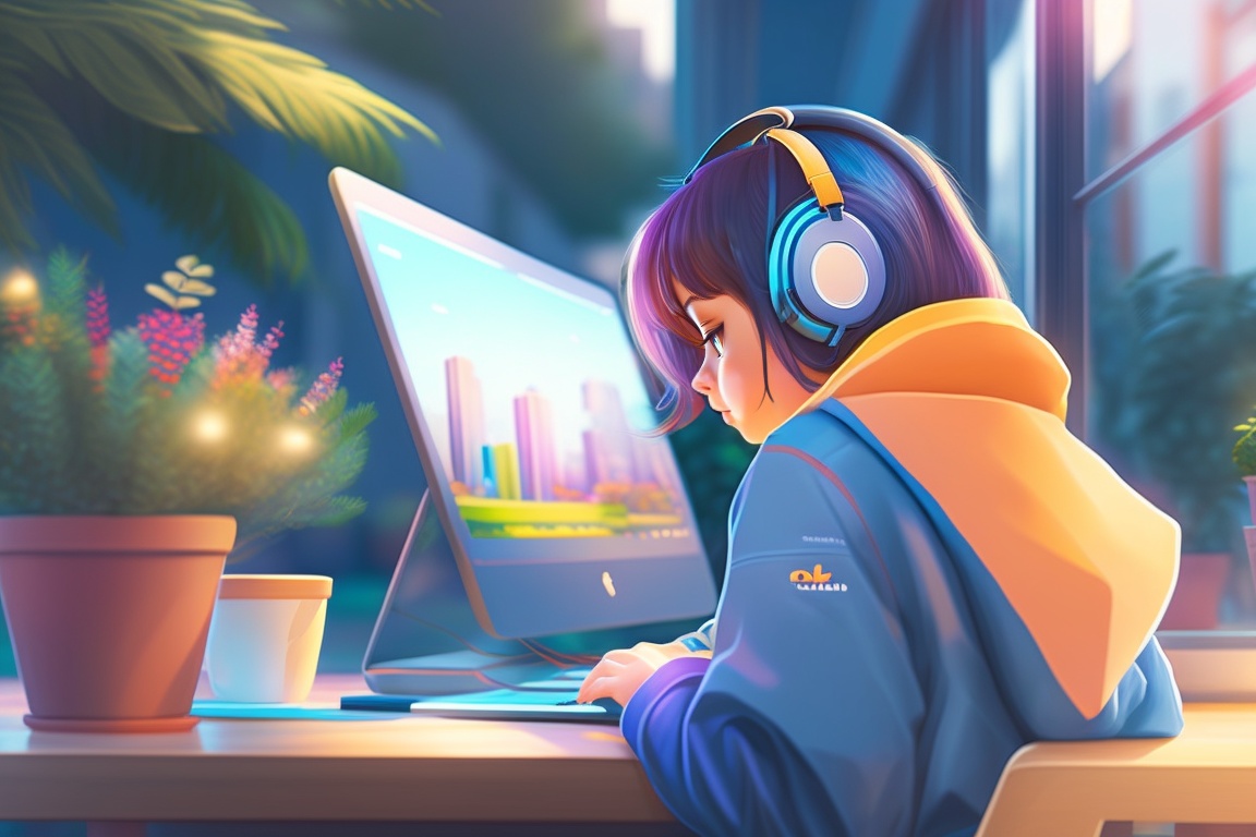 lexica-a-pretty-girl-in-a-bright-hoodie-wearing-headphones-working-on