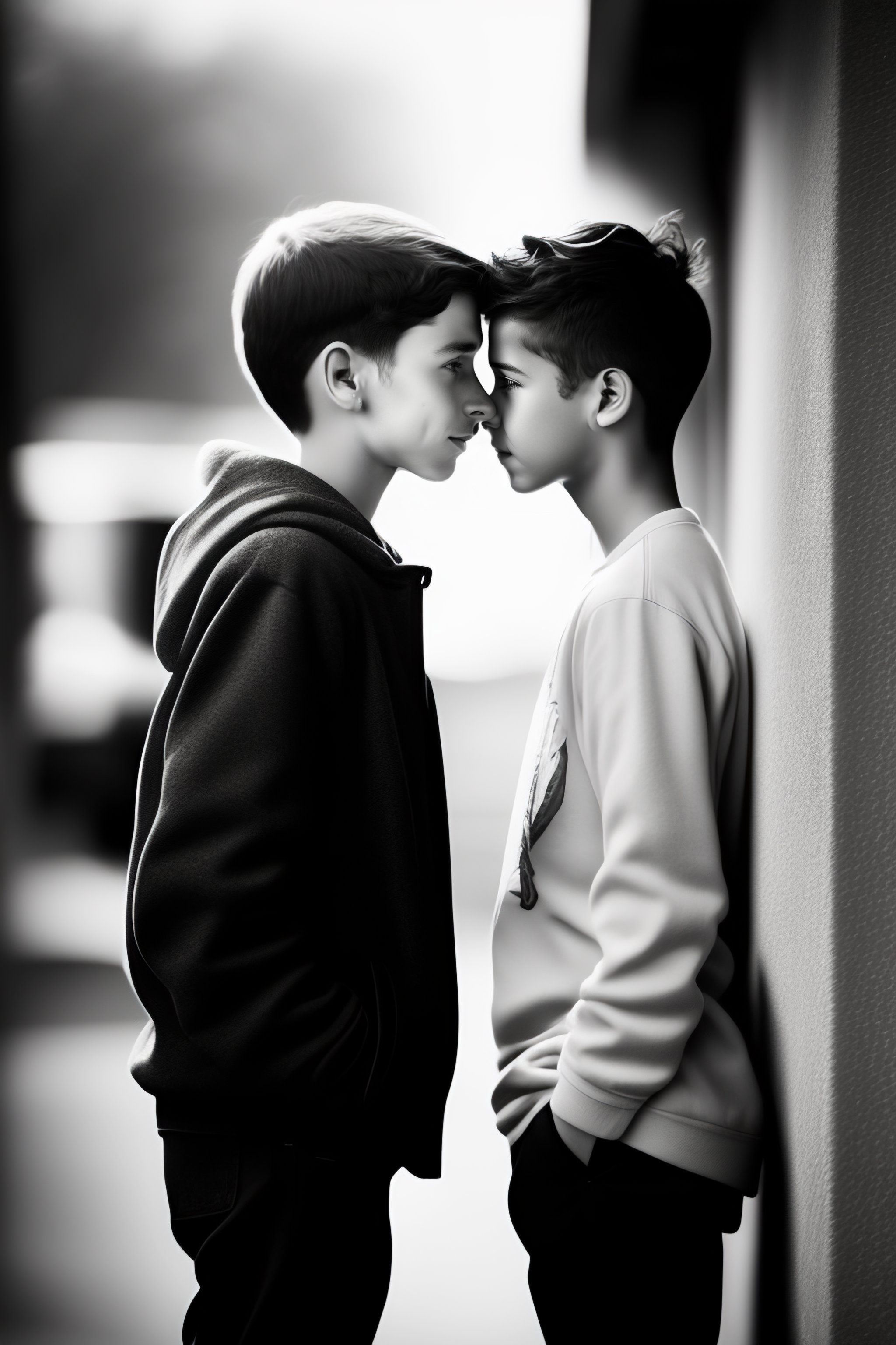 lexica-black-and-white-photos-two-twelve-year-old-boys-stand-against