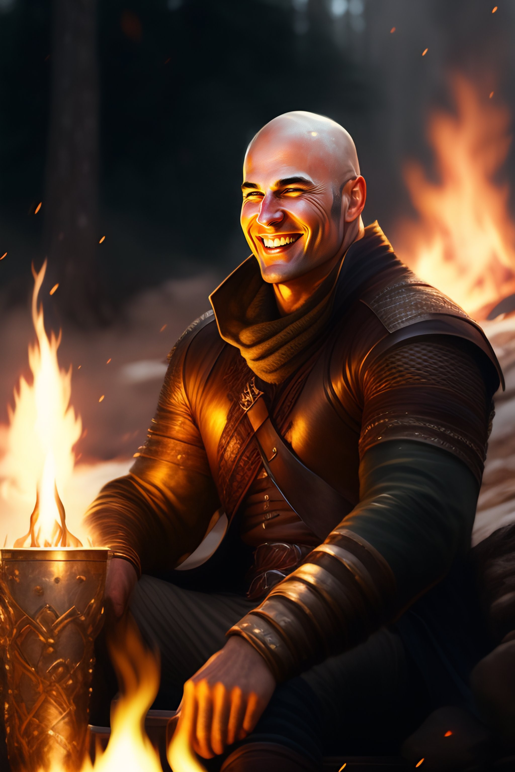 Lexica - Bald clean-shaven beowulf sitting by a campfire and laughing ...