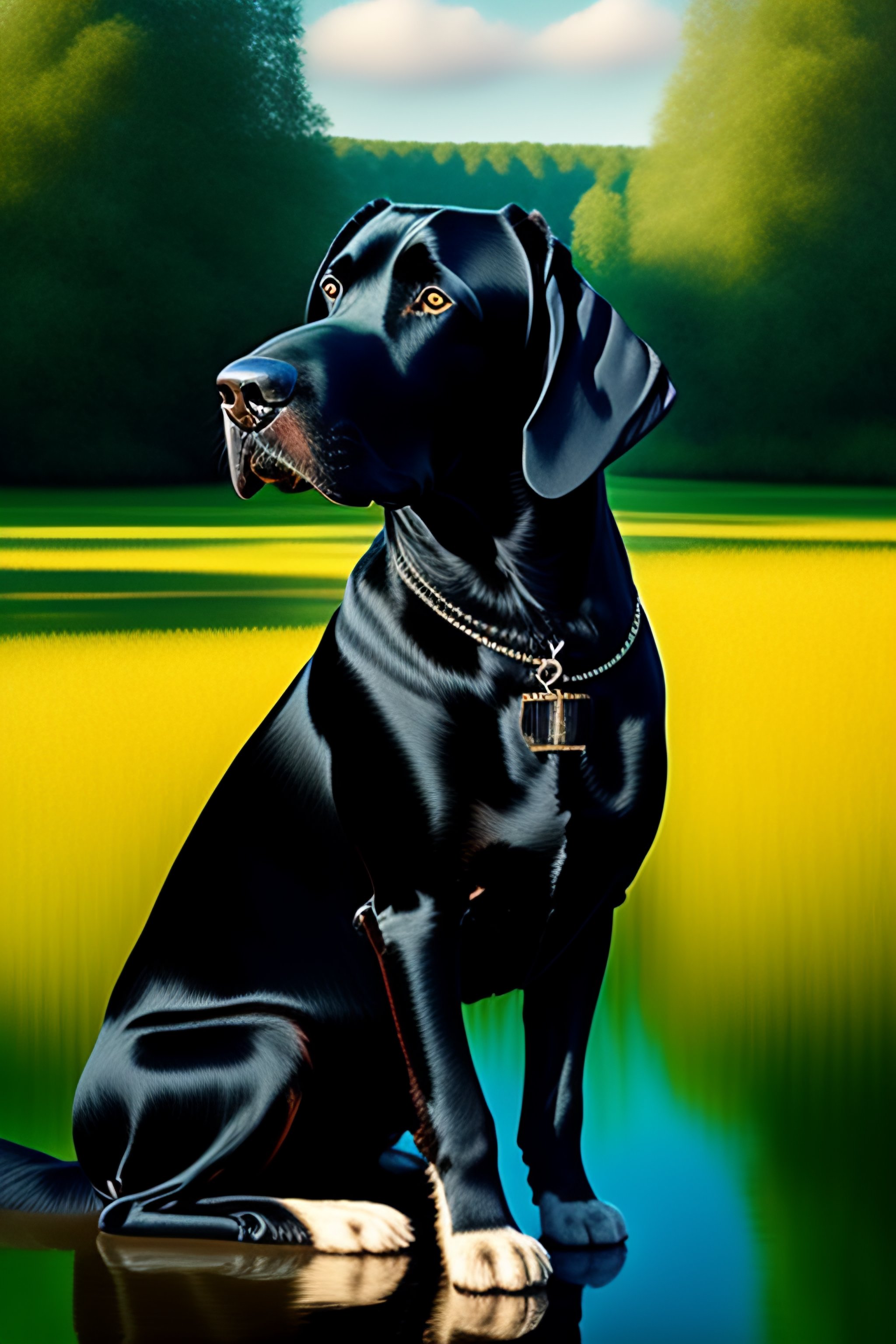 Lexica - Black labradane near a pond, in the style of Fernando botero