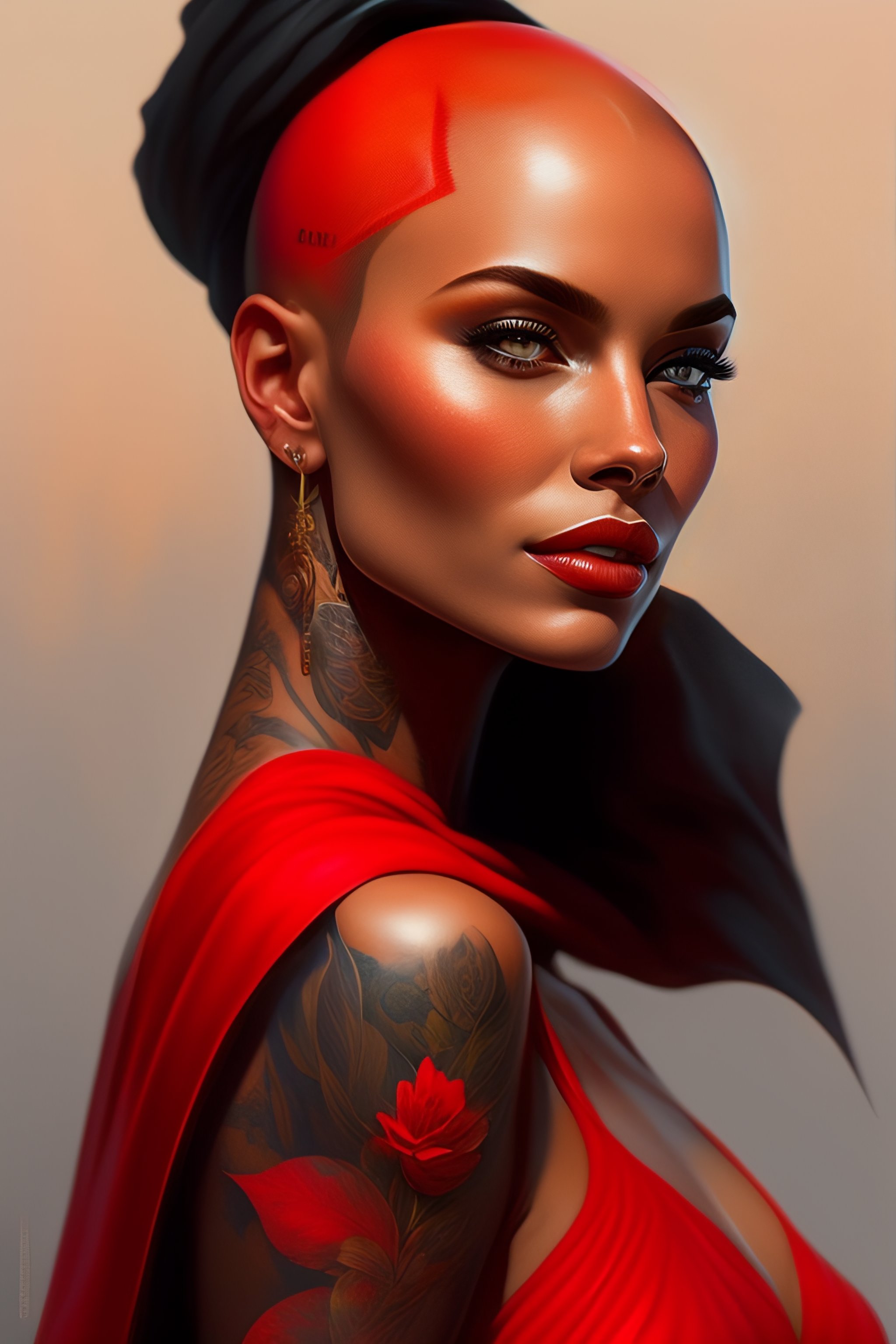 Lexica - Woman with bald tattooed head, red clothing, highly detailed ...