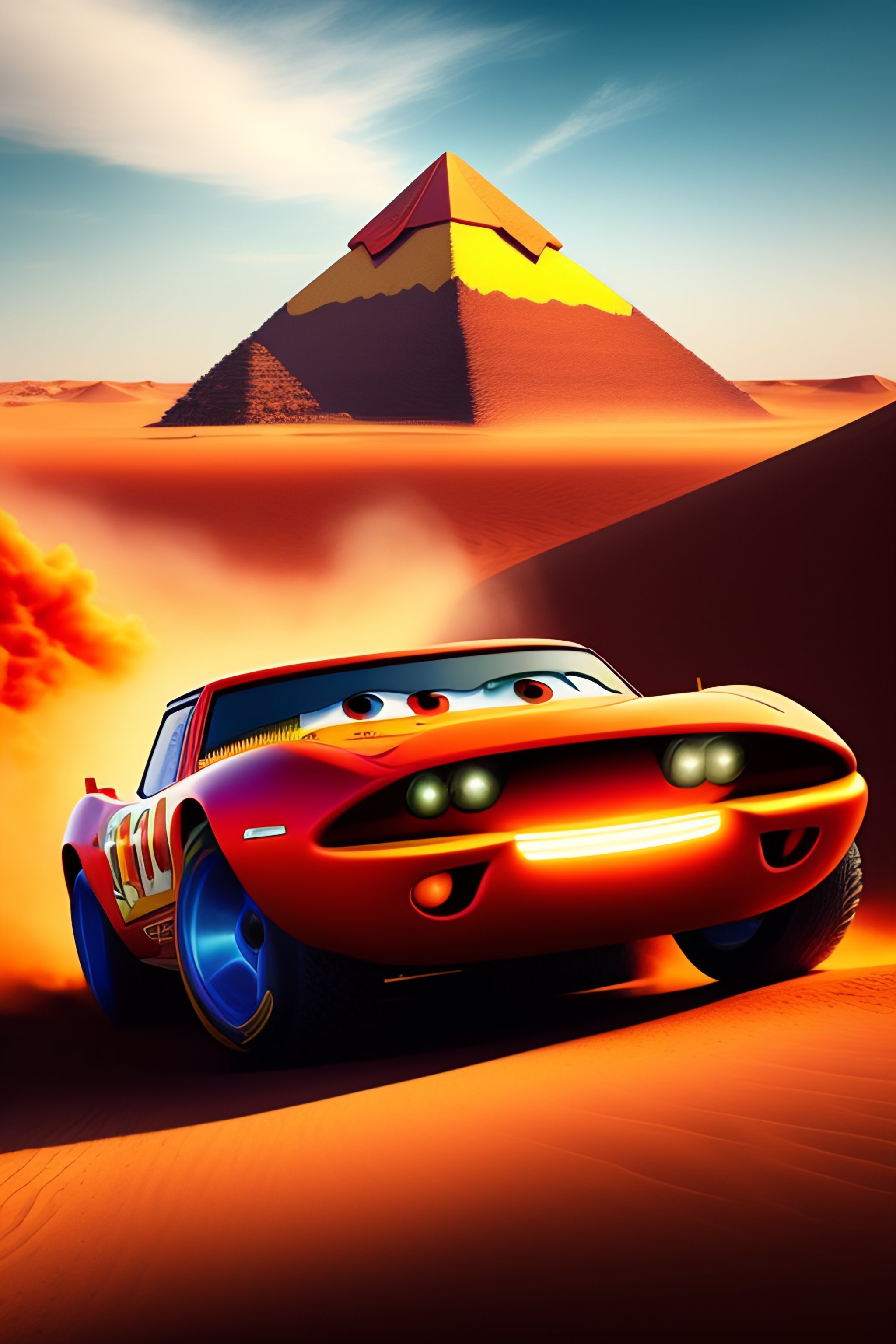 Lexica - Create a scene featuring Lightning McQueen from the movie cars at  the pyramids