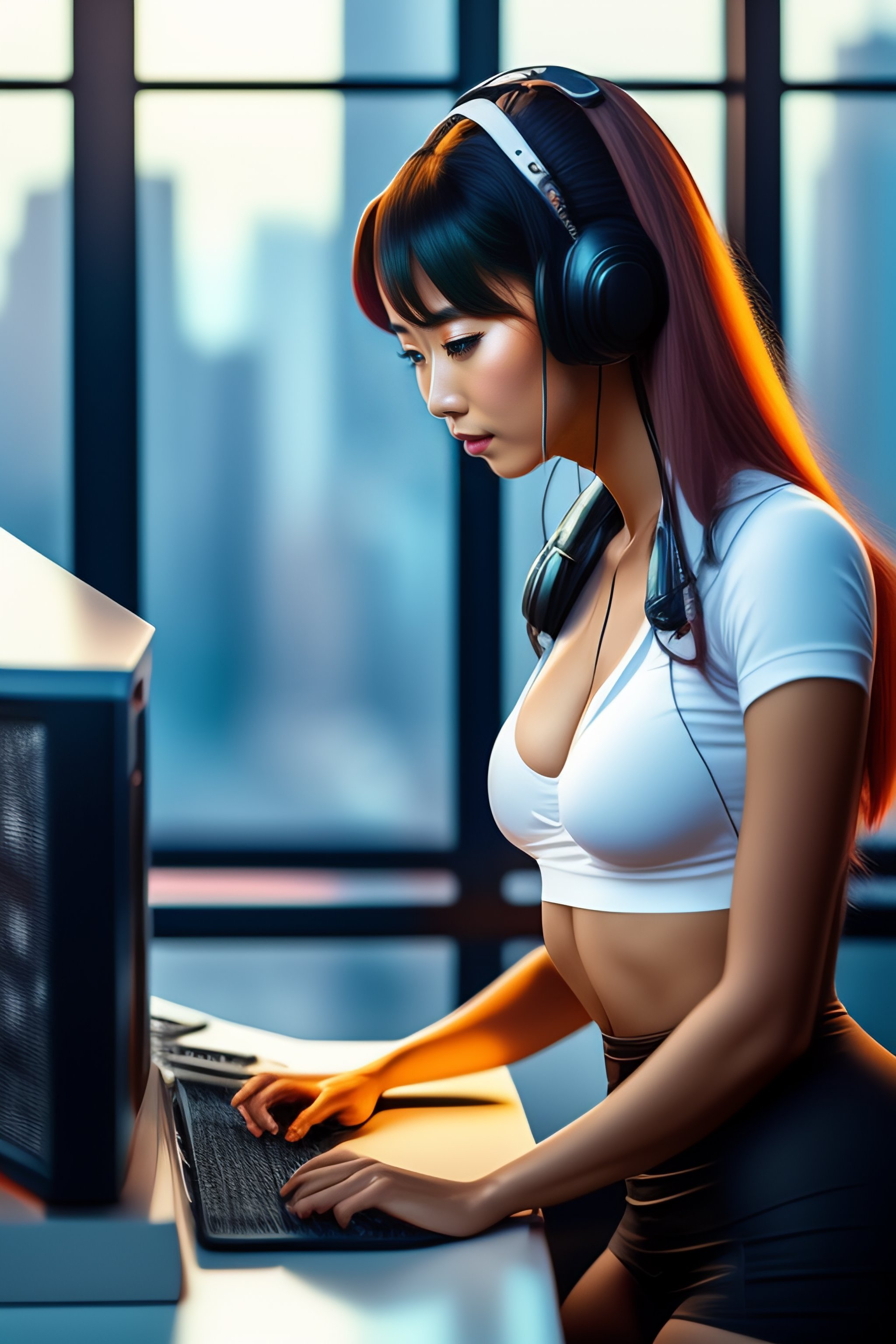 Lexica Sexy Anime Girl Working On Computer In Loft Skyline 