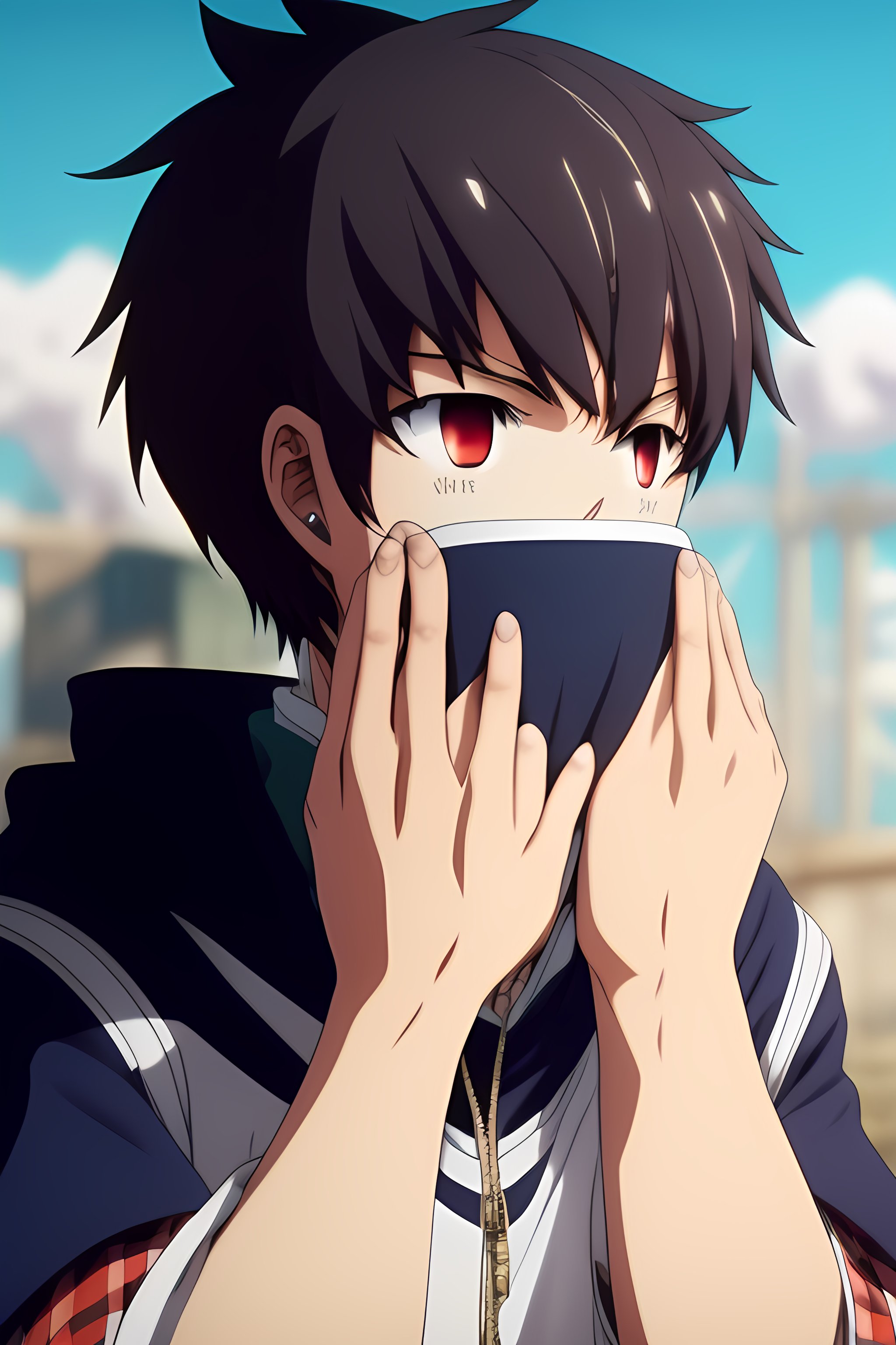 Lexica - A scared anime boy covers his face with his hands, a