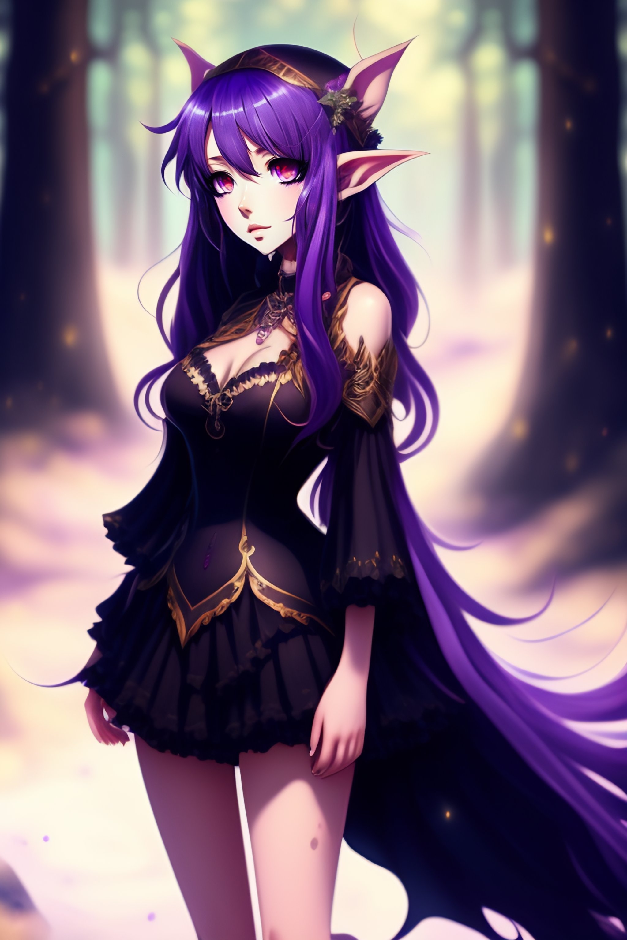 Lexica - Full body, 20-year-old girl anime forest elf, purple hair, black  color dress