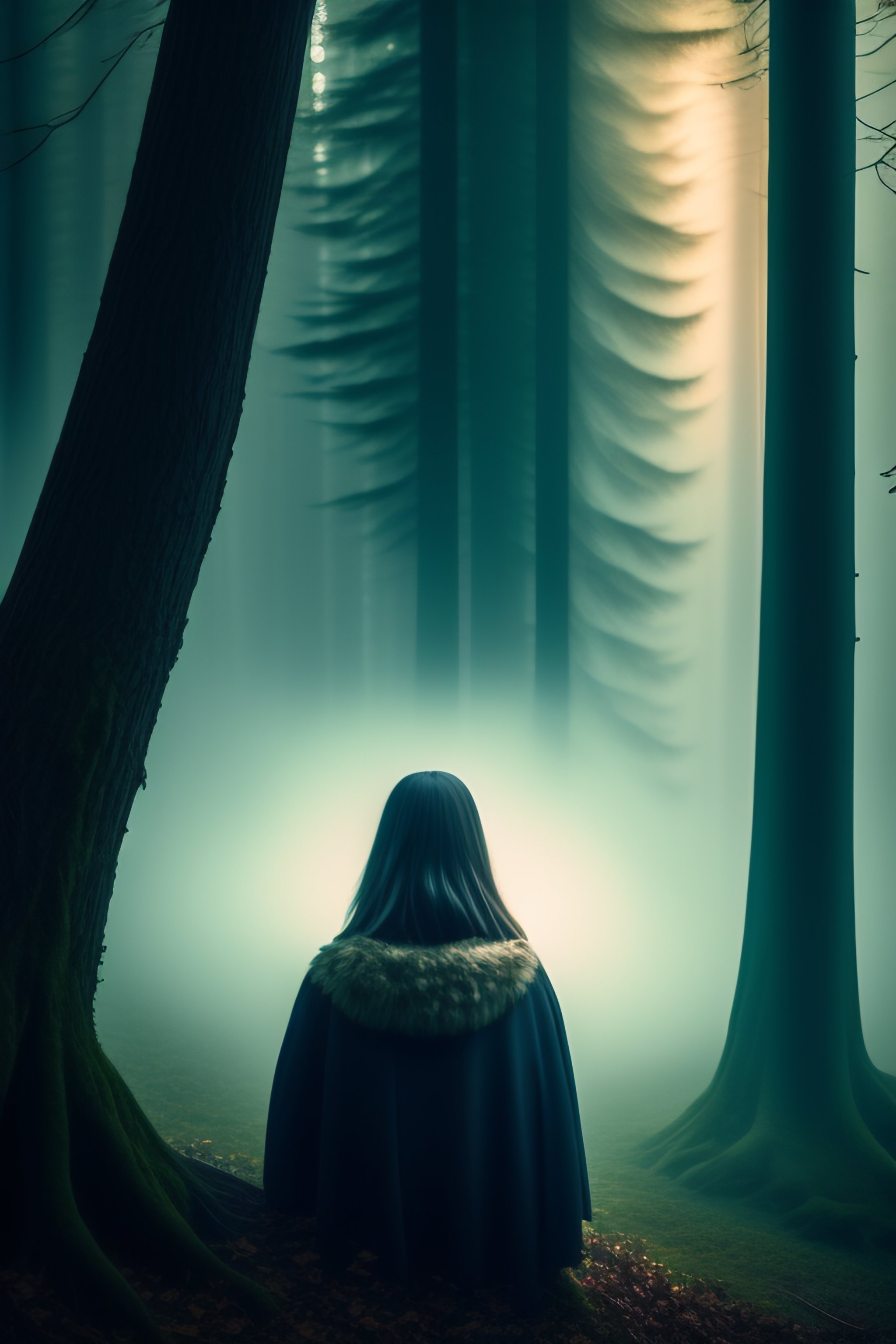 Lexica - Ghostly girl peeking from behind a tree in a dark foggy forest